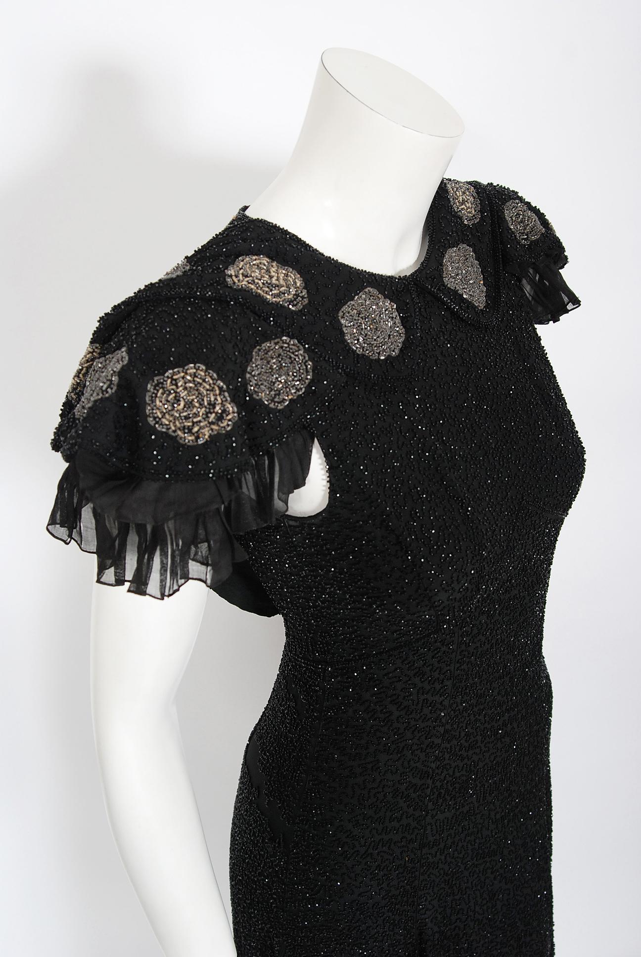 Vintage 1930's French Couture Beaded Black Silk Flutter Sleeve Open ...