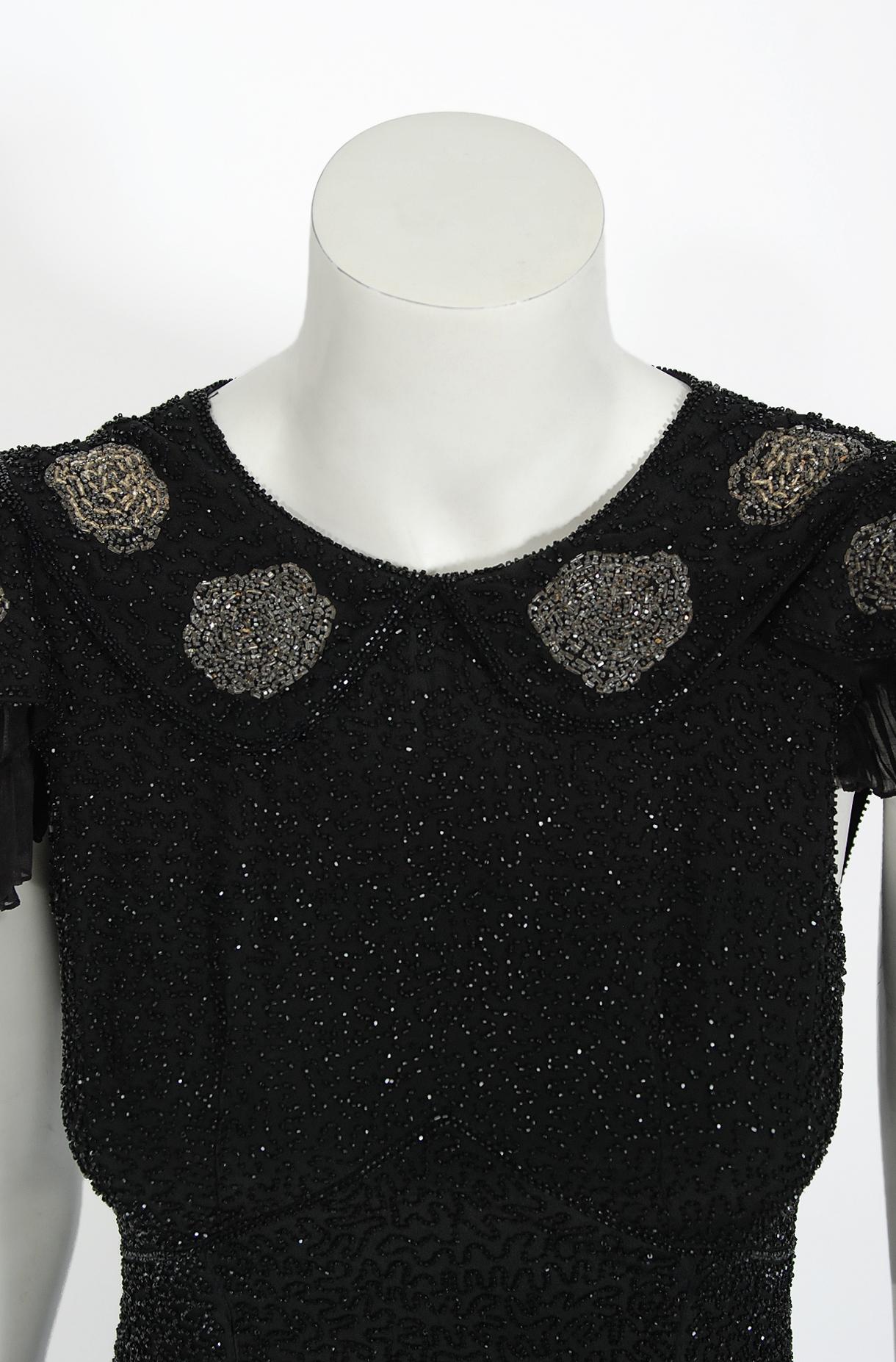 Vintage 1930's French Couture Beaded Black Silk Flutter Sleeve Open-Back Dress   In Good Condition In Beverly Hills, CA