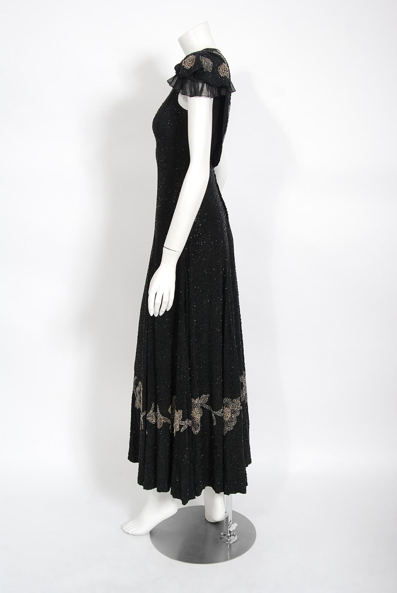 Vintage 1930's French Couture Beaded Black Silk Flutter Sleeve Open-Back Dress   1