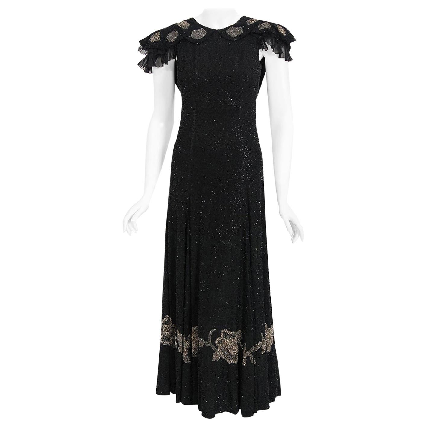 Vintage Black Cocktail Dress  Designer Parkhurst  Free Shipping Party Dress Size M Ruffled V Neck Top Pleated Bottom