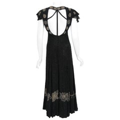 Vintage 1930's French Couture Beaded Black Silk Flutter Sleeve Open-Back Dress