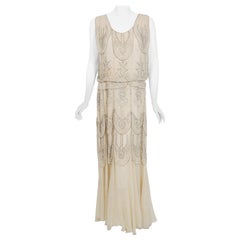 Vintage 1930's French Couture Creme Silk Beaded Rhinestone Scalloped Deco Gown