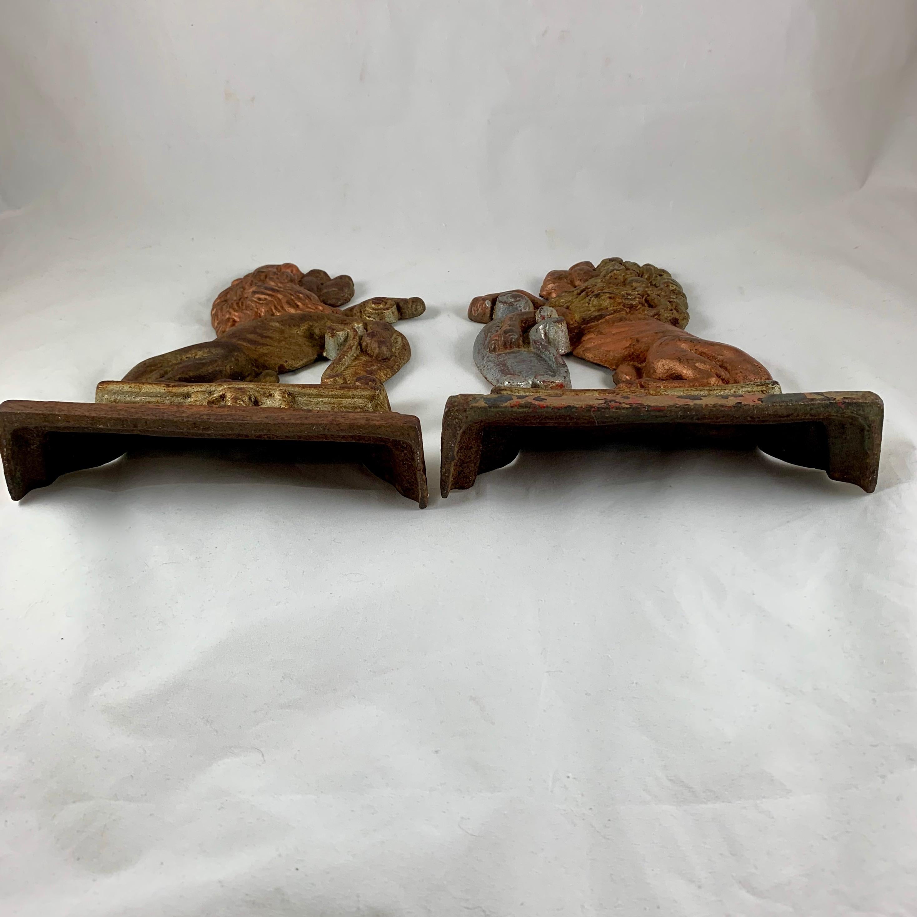 Vintage 1930s French Gilded Cast Iron Heraldic Lion Doorstops or Bookends a Pair 6