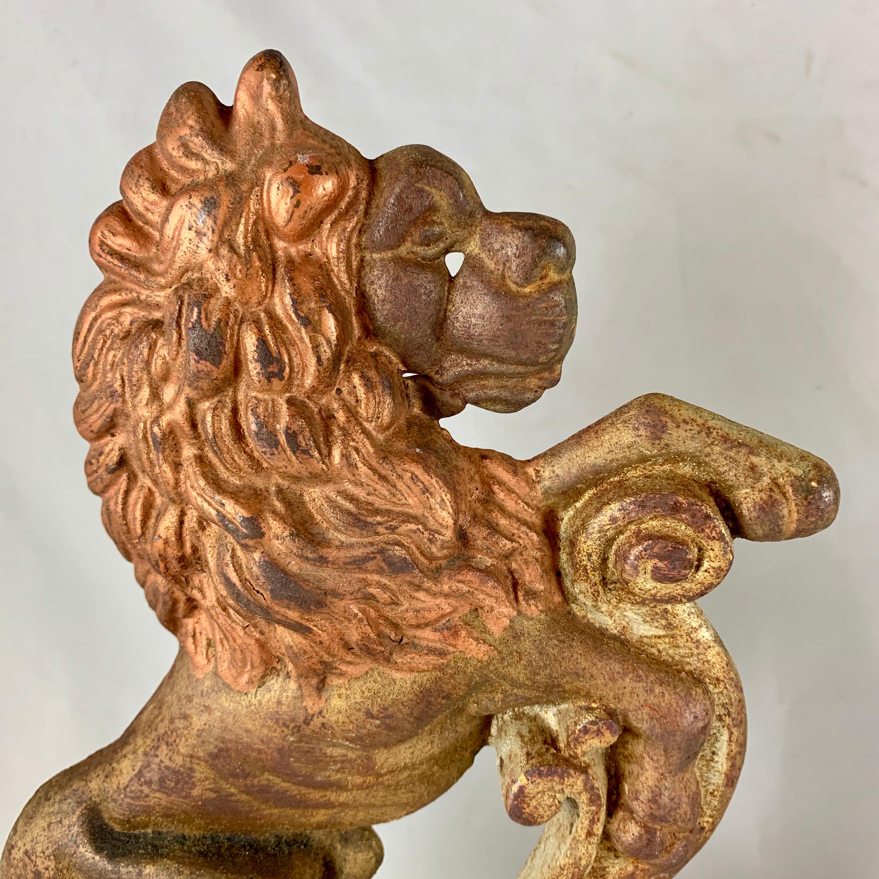 French Provincial Vintage 1930s French Gilded Cast Iron Heraldic Lion Doorstops or Bookends a Pair