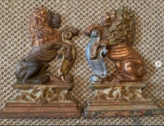 Vintage 1930s French Gilded Cast Iron Heraldic Lion Doorstops or Bookends a Pair