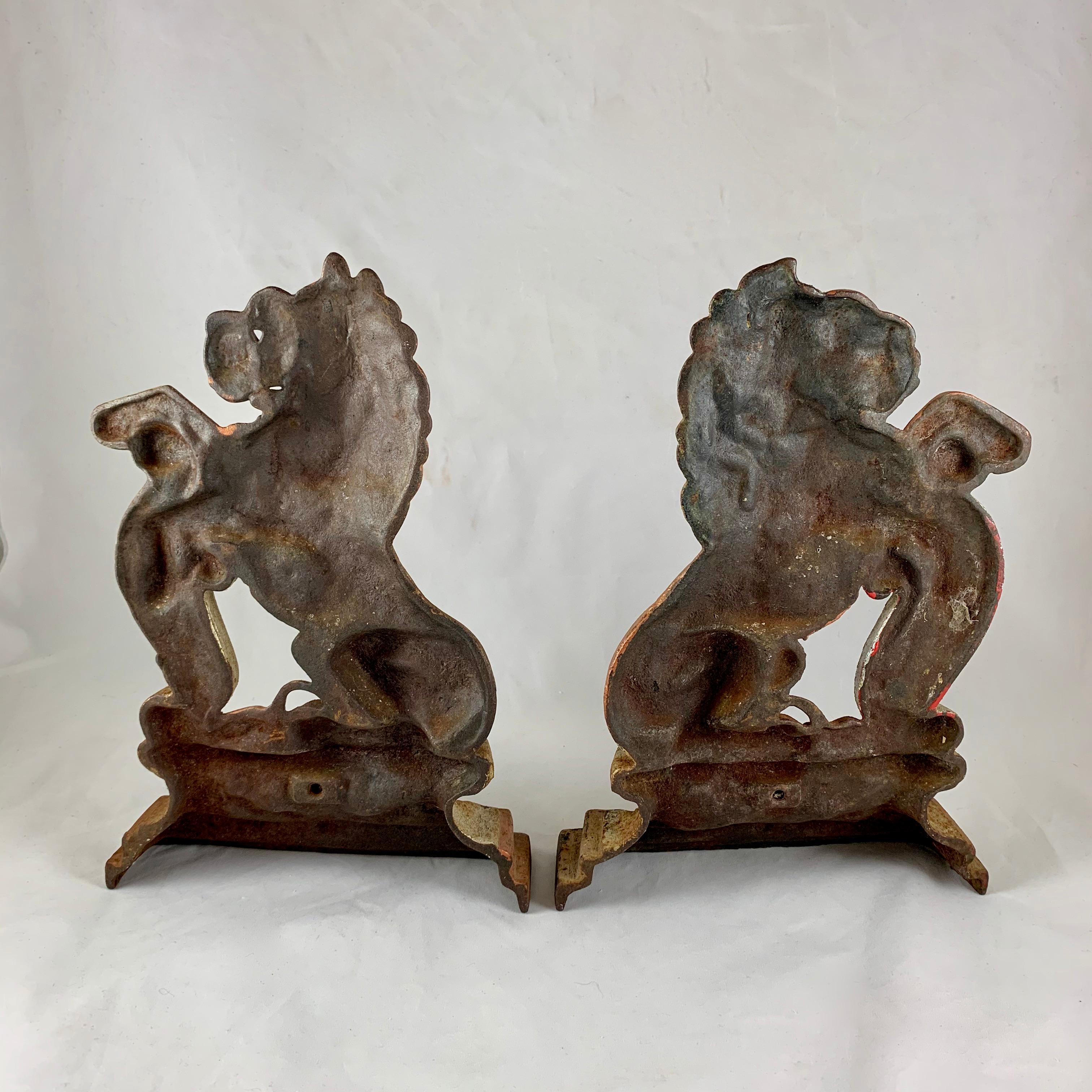 Vintage 1930s French Gilded Cast Iron Heraldic Lion Doorstops or Bookends a Pair 5