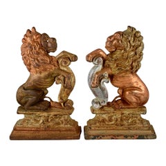 Antique 1930s French Gilded Cast Iron Heraldic Lion Doorstops or Bookends a Pair