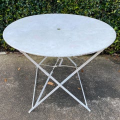 Vintage 1930s French Painted Round Metal Folding Table in Antiqued White