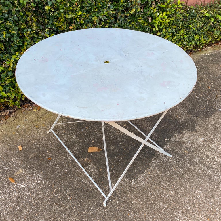Vintage 1930s French Painted Round Metal Folding Table in Antiqued