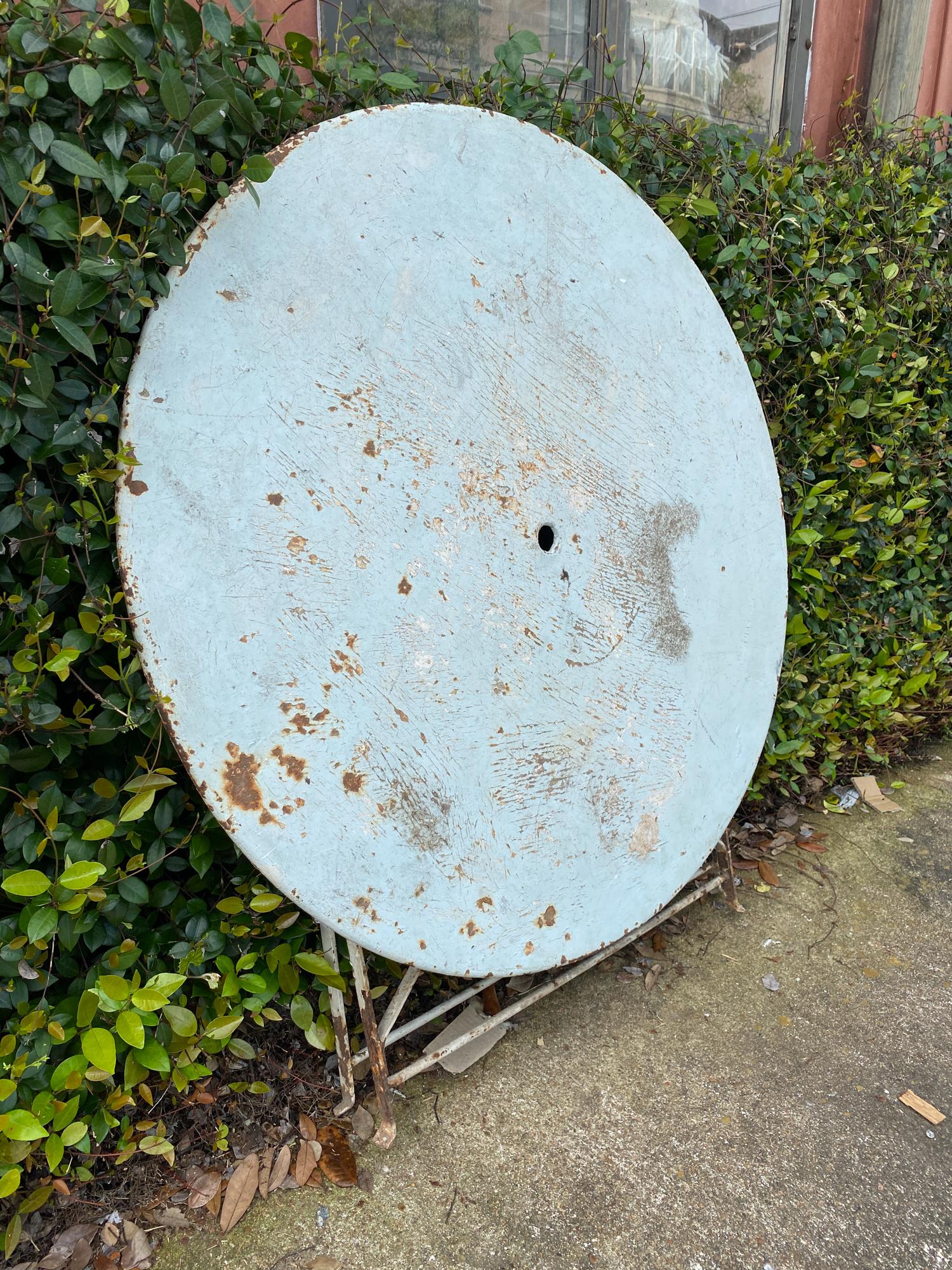 Vintage 1930s French Painted Round Metal Folding Table in Sky Blue 5