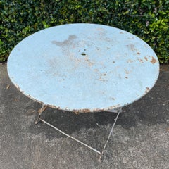 Vintage 1930s French Painted Round Metal Folding Table in Sky Blue
