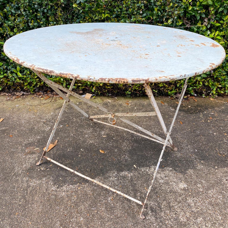 Vintage 1930s French Painted Round Metal Folding Table in Sky Blue at