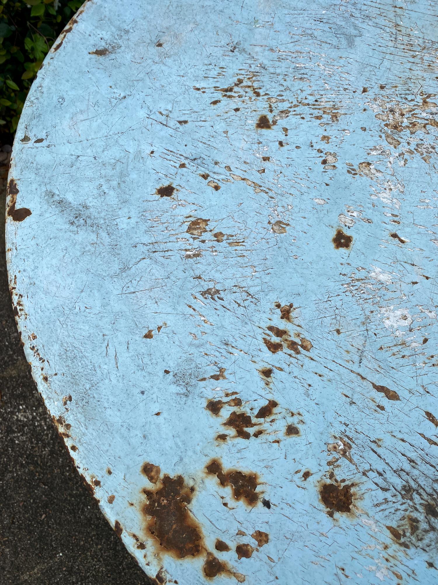 Vintage 1930s French Painted Round Metal Folding Table in Sky Blue 1