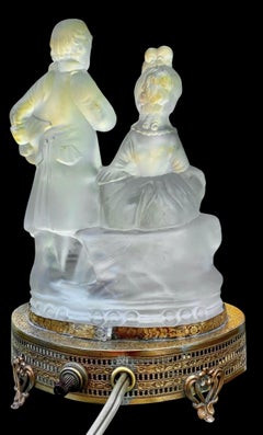 Vintage 1930s Art Deco Frosted Glass Vanity Lamp, Brass Base, USA