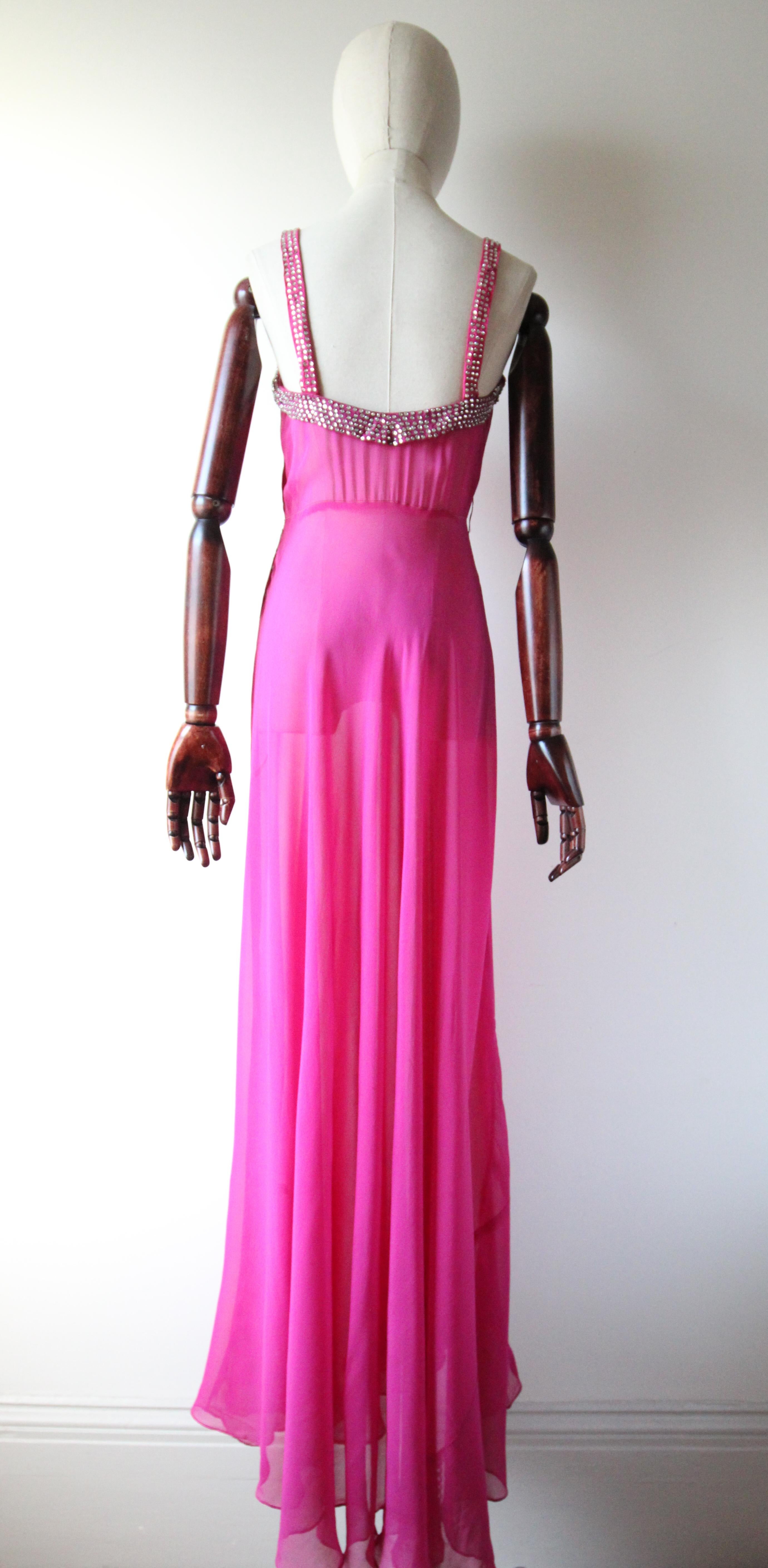 Vintage años 30 Vestido de noche de seda rosa fucsia a juego con capa pedrería UK 6 US 2 en venta 6