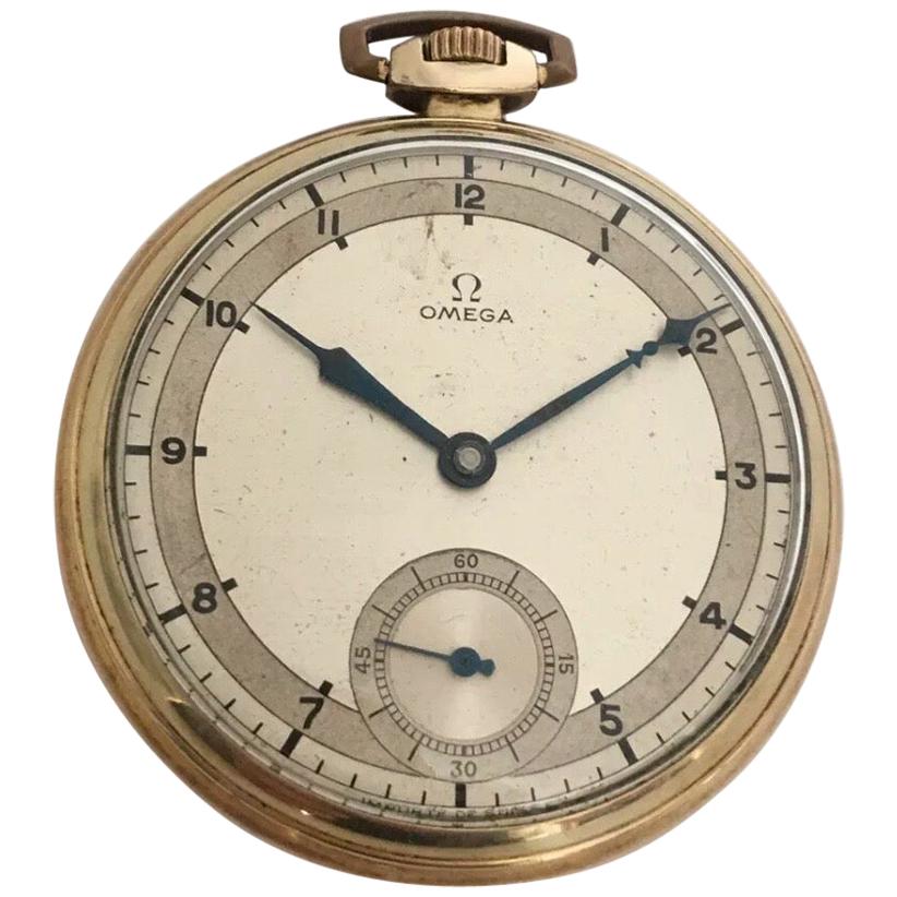 Vintage 1930s Gold-Plated and Silvered Dial Omega Dress Pocket Watch 'Art Deco' For Sale