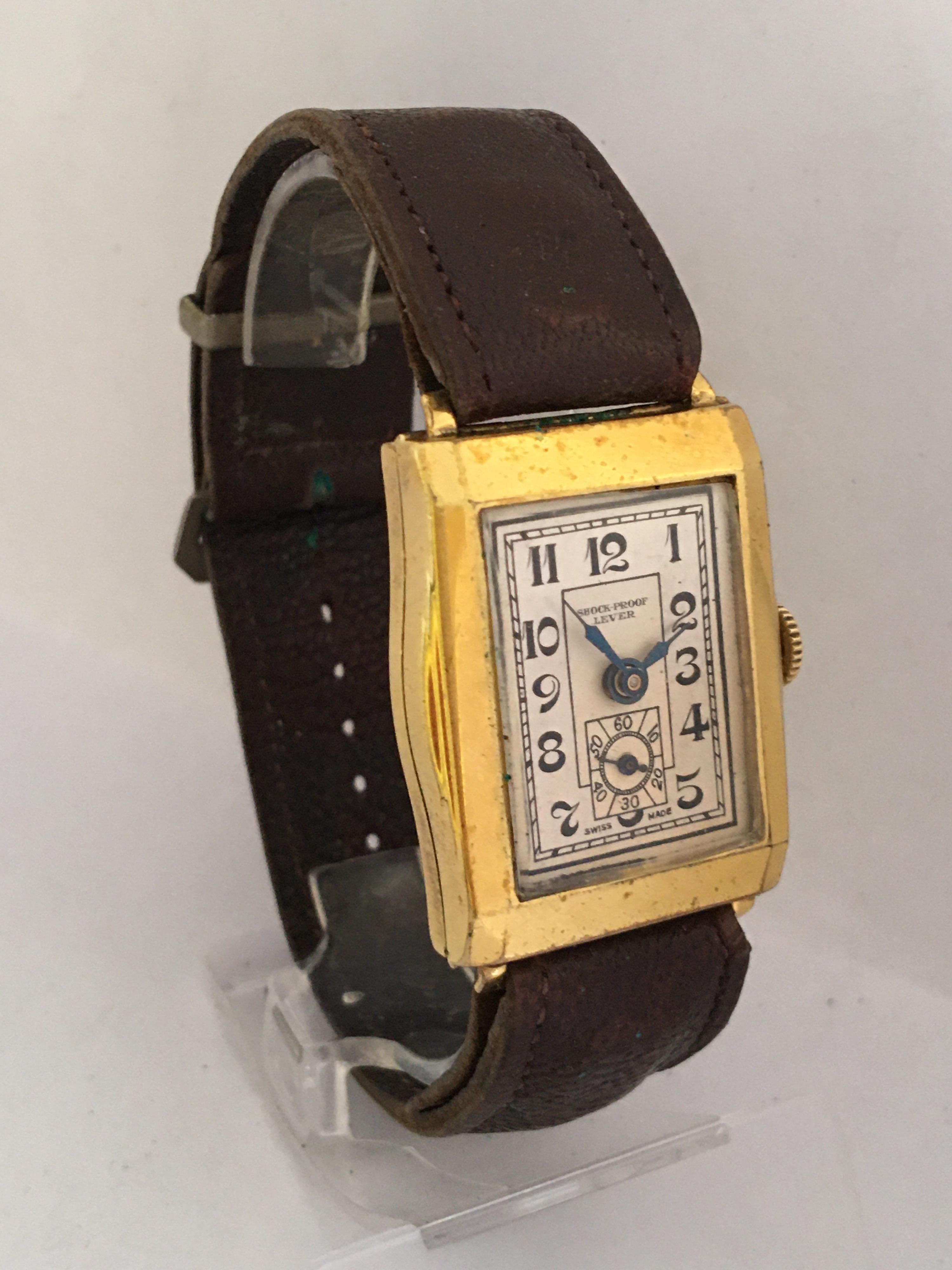 Women's or Men's Vintage 1930s Gold-Plated Rectangular Swiss Mechanical Watch