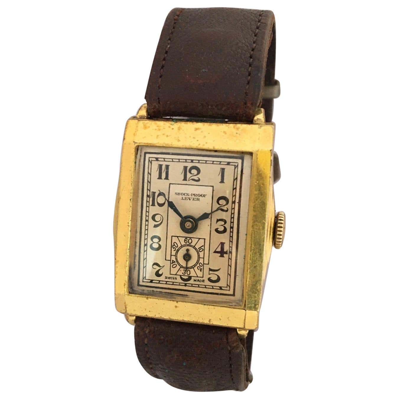 Vintage 1930s Gold-Plated Rectangular Swiss Mechanical Watch at 1stDibs ...