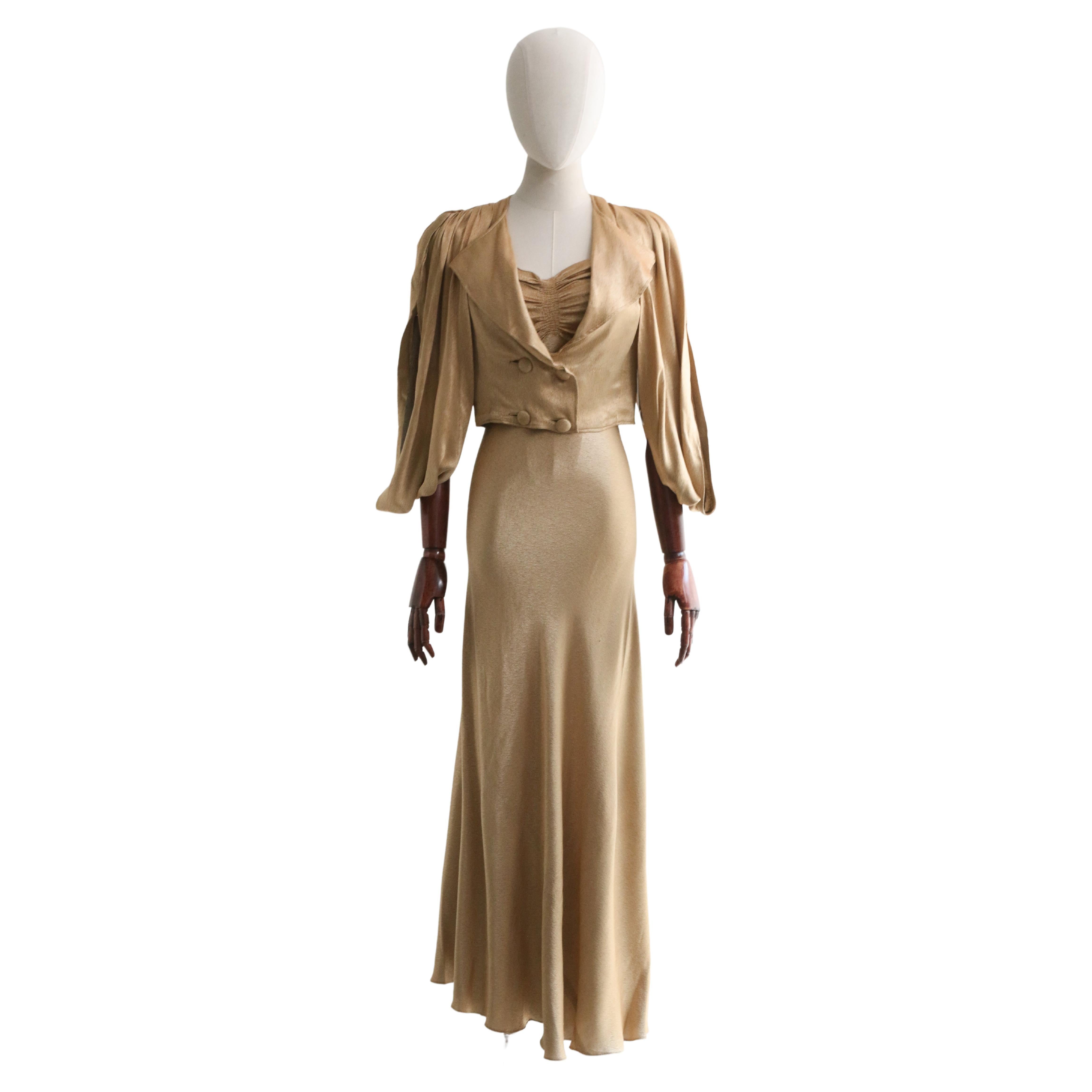 Vintage 1930's Gold Satin Dress & Jacket UK 6-8 US 2-4