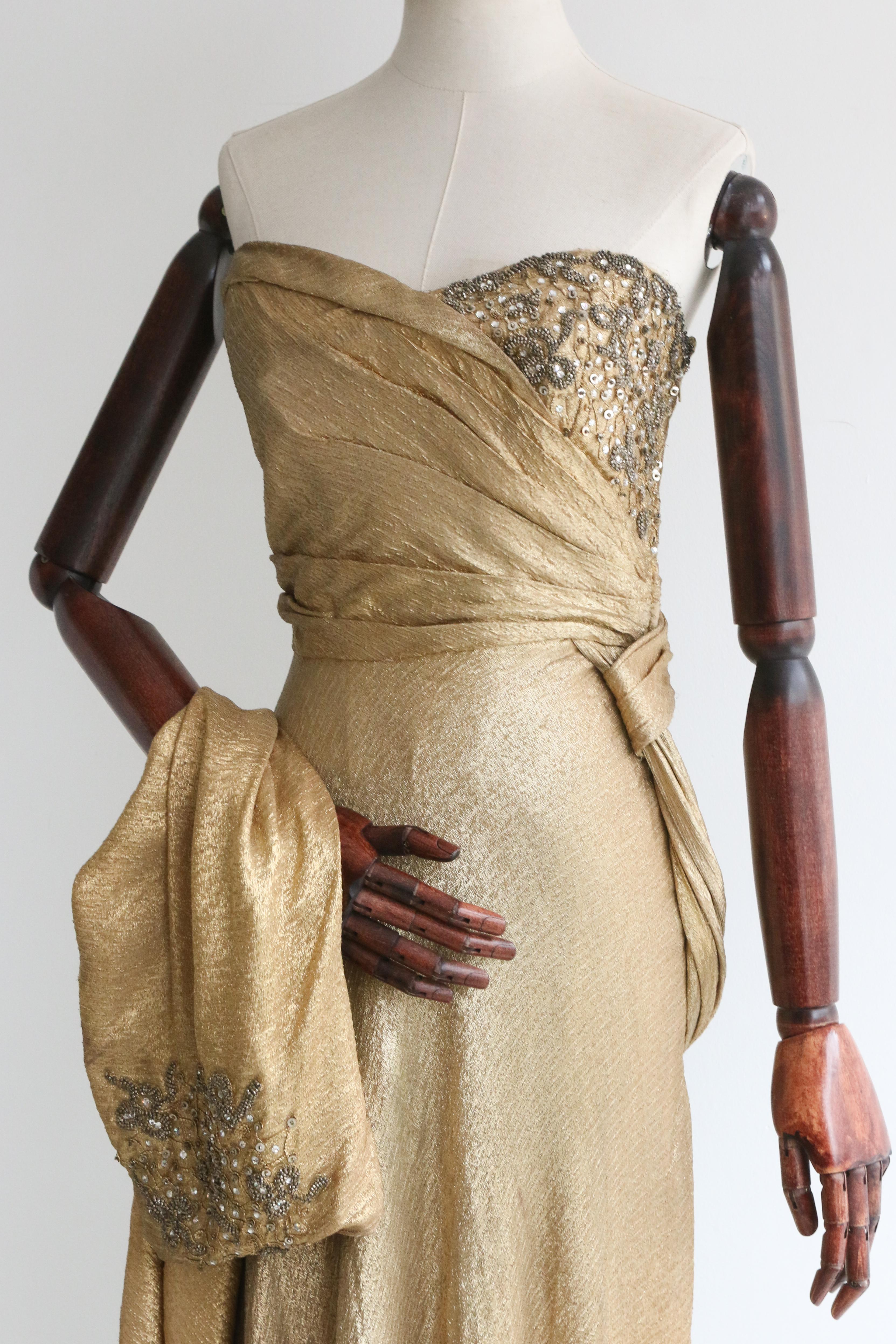 Vintage 1930's Gold Silk Lamé & Beadwork Gown UK 10 US 6 For Sale 3