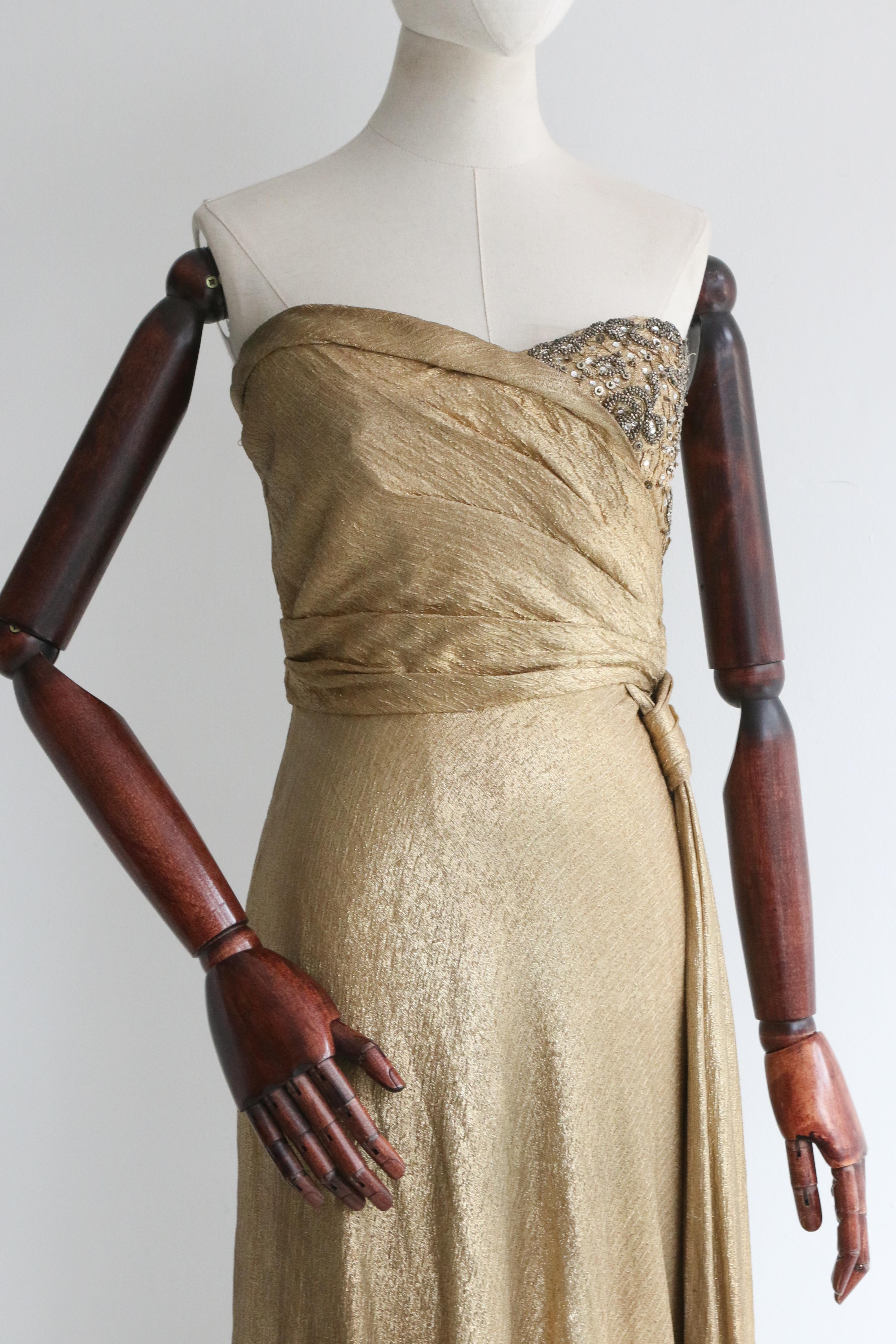 Brown Vintage 1930's Gold Silk Lamé & Beadwork Gown UK 10 US 6 For Sale