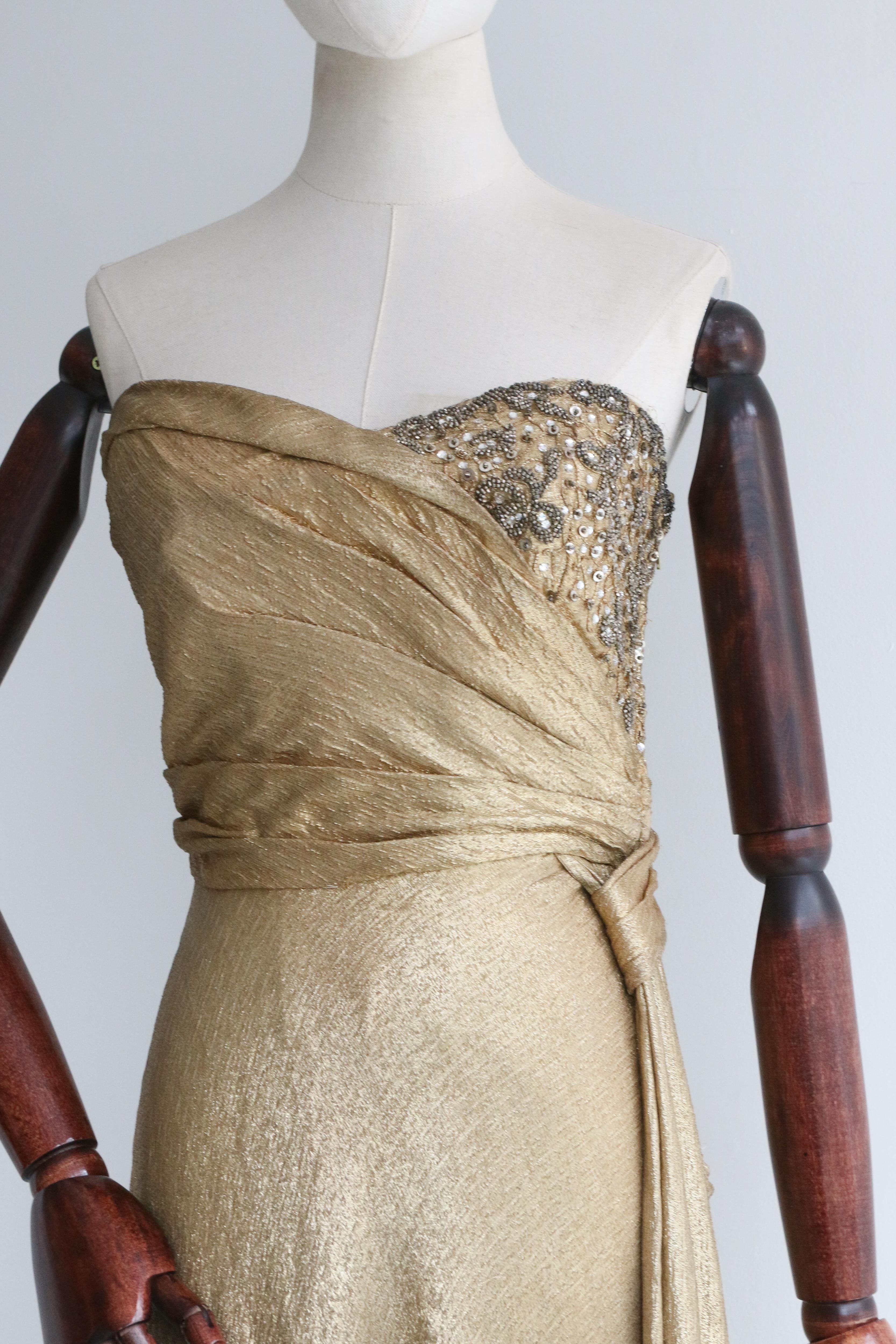 Vintage 1930's Gold Silk Lamé & Beadwork Gown UK 10 US 6 In Good Condition For Sale In Cheltenham, GB