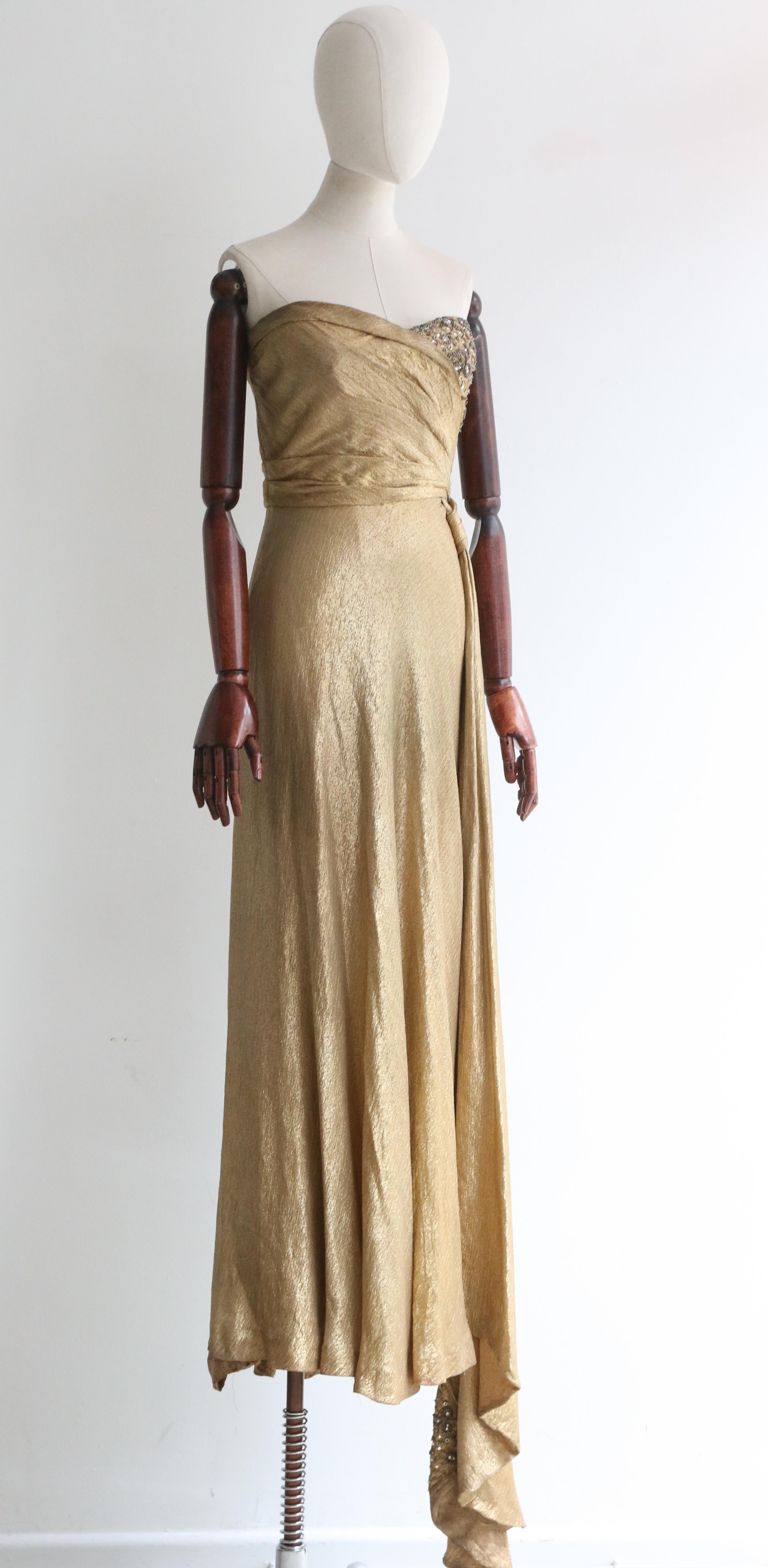 Vintage 1930''s Gold Seide Lamé & Perlenstickerei Kleid UK 10 US 6 im Angebot 2