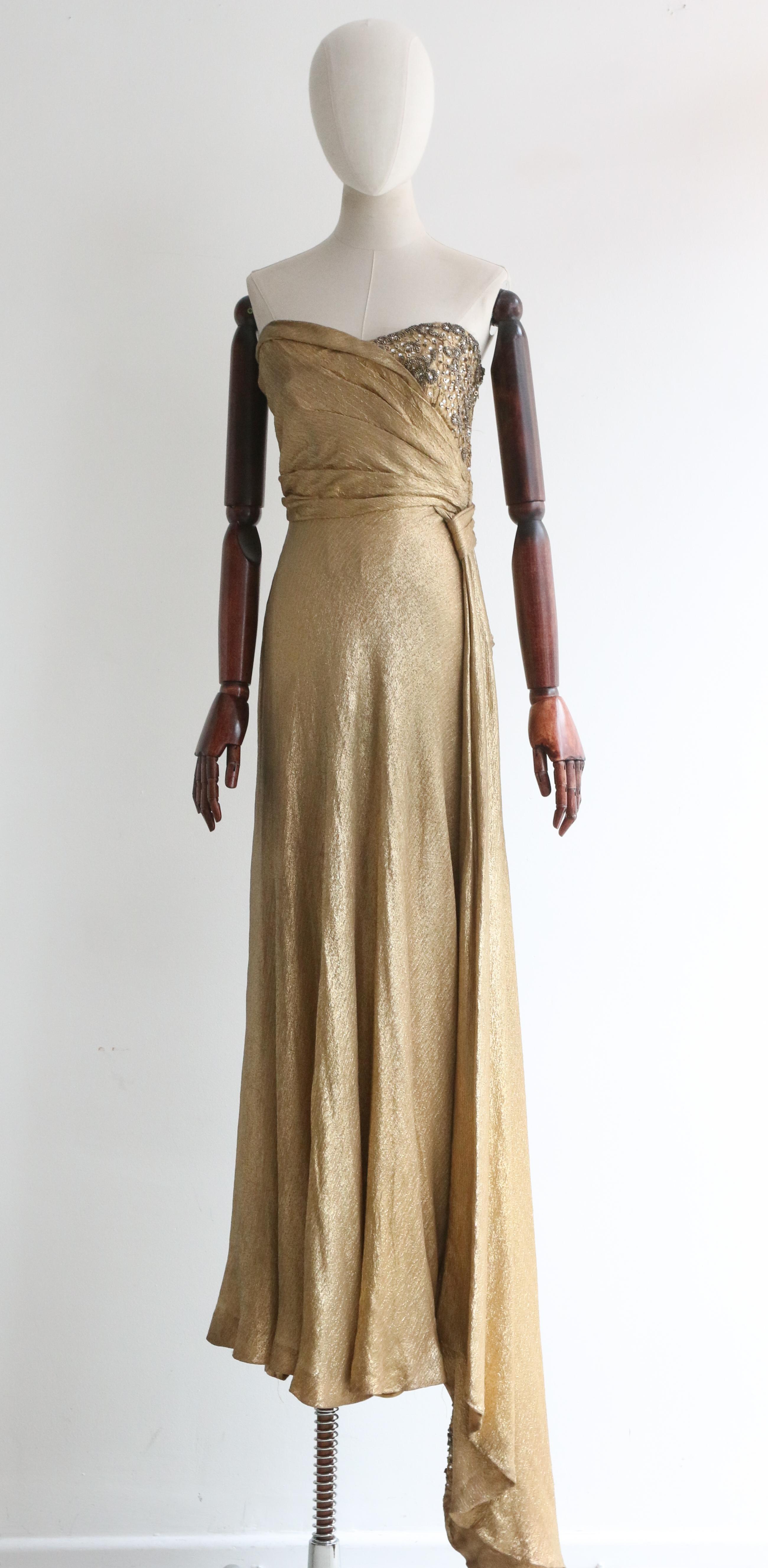 Vintage 1930''s Gold Seide Lamé & Perlenstickerei Kleid UK 10 US 6 im Angebot 3