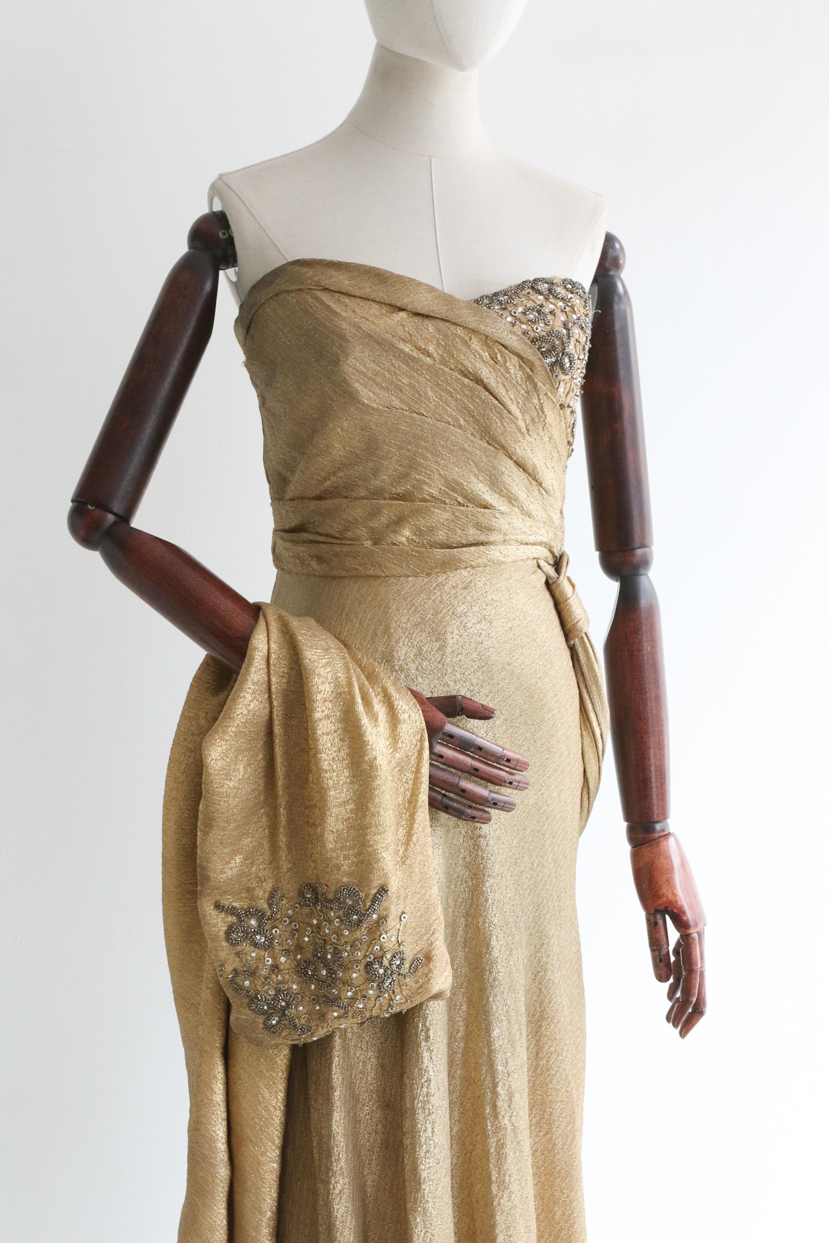 Vintage 1930's Gold Silk Lamé & Beadwork Gown UK 10 US 6 For Sale 2