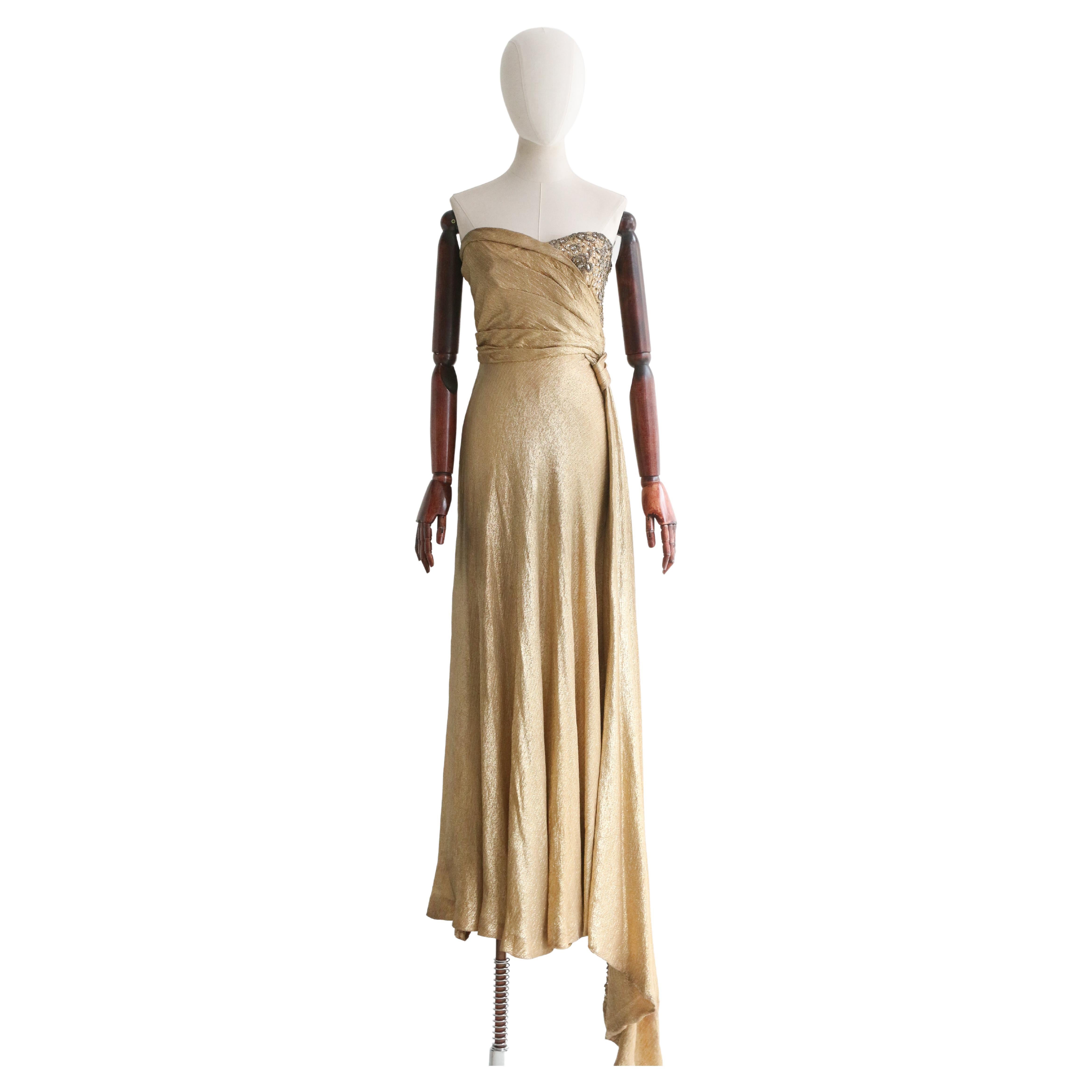 Vintage 1930''s Gold Seide Lamé & Perlenstickerei Kleid UK 10 US 6 im Angebot