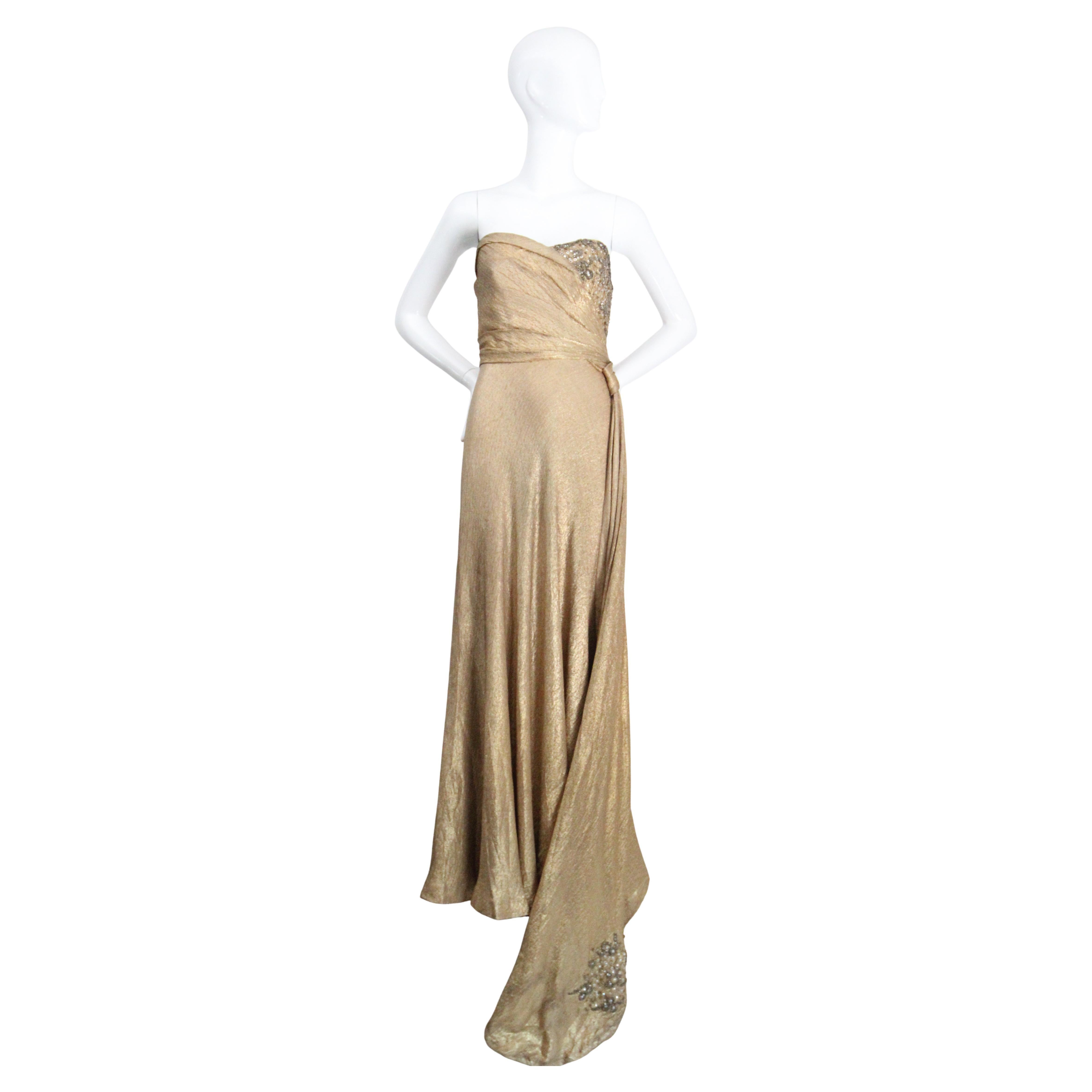 Vintage 1930s Gold Silk Lamé Strapless Gown & Beadwork Gown UK 10 US 6 For Sale