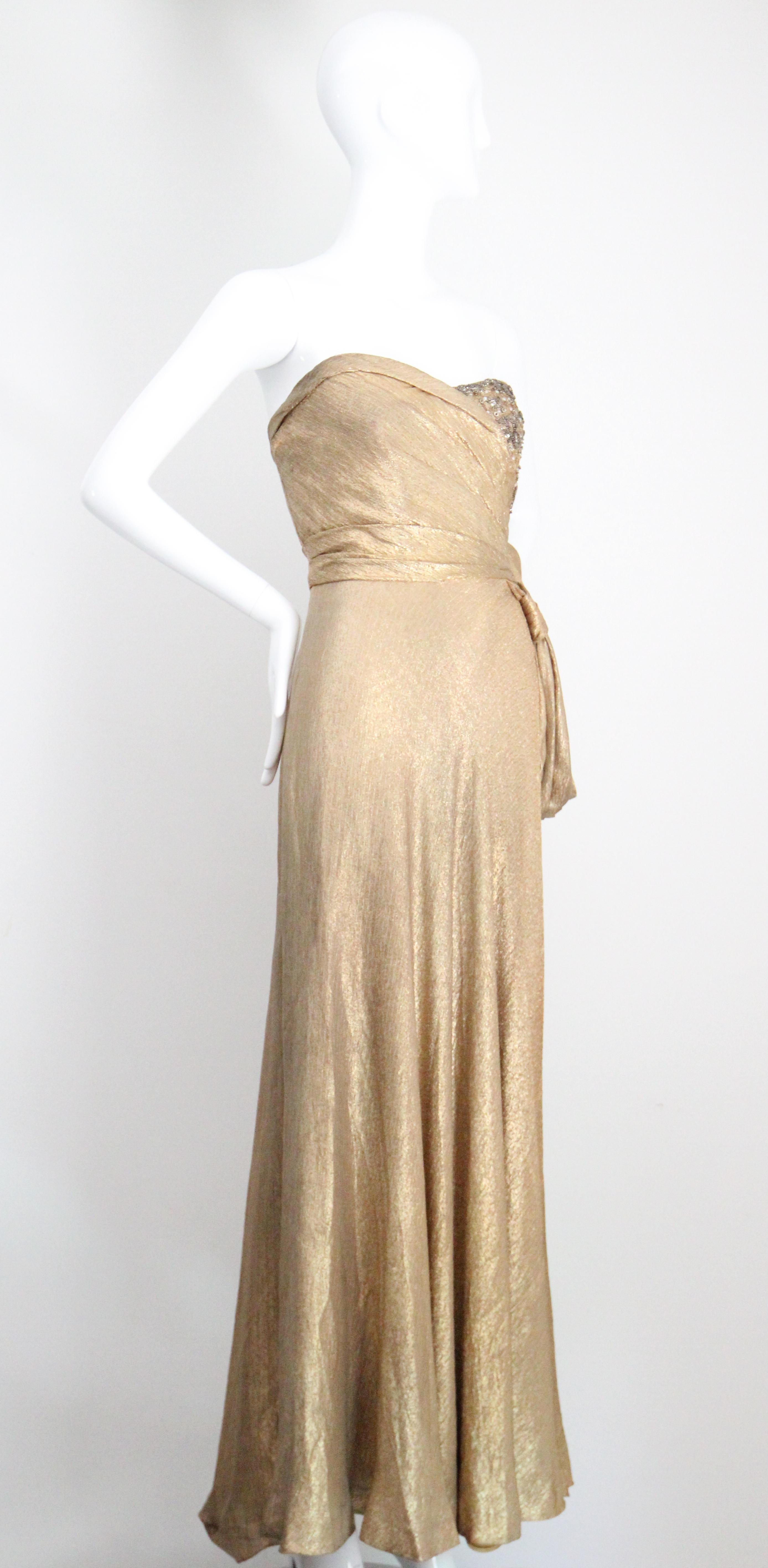 Vintage 1930s Gold Silk Lamé Strapless Gown & Beadwork Gown UK 10 US 6 For Sale 3