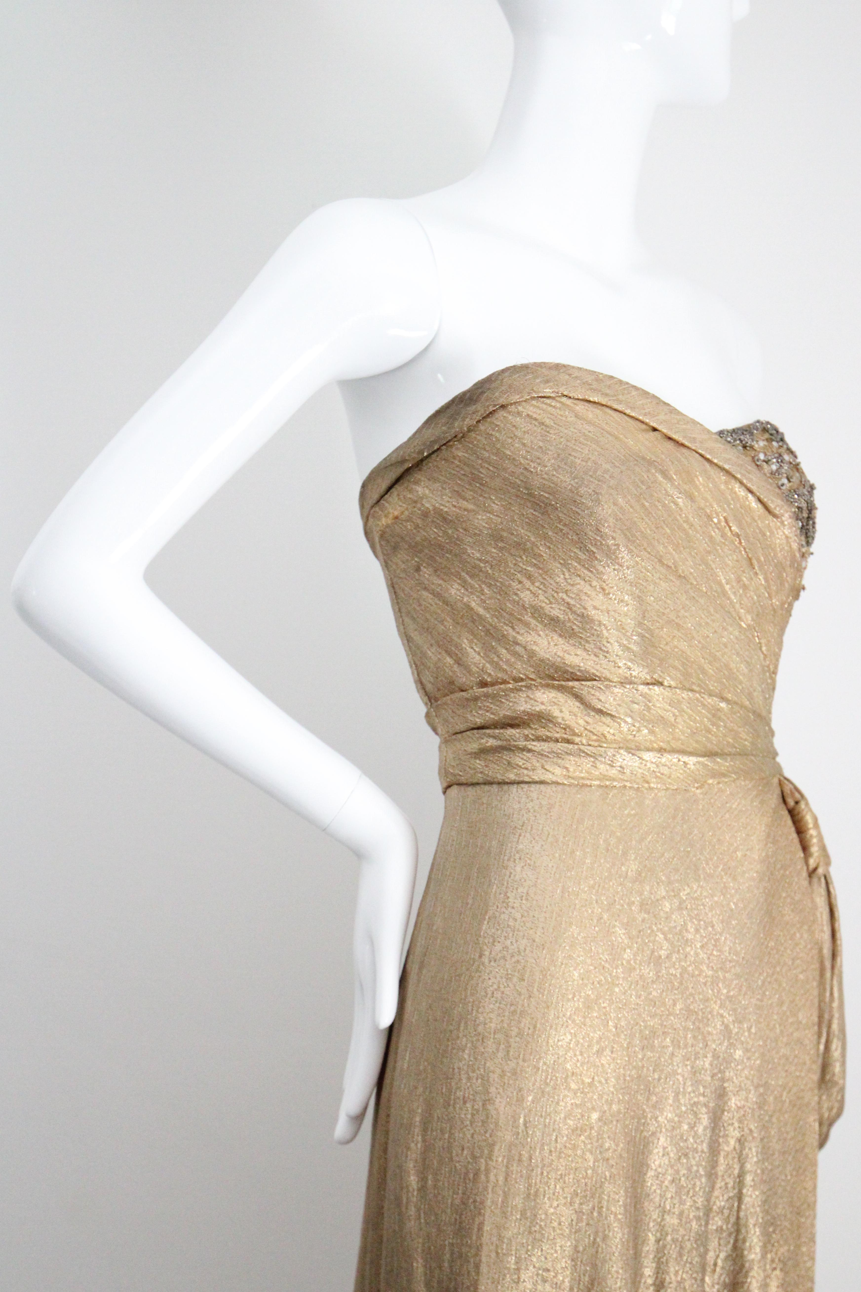 Vintage 1930s Gold Silk Lamé Strapless Gown & Beadwork Gown UK 10 US 6 For Sale 4