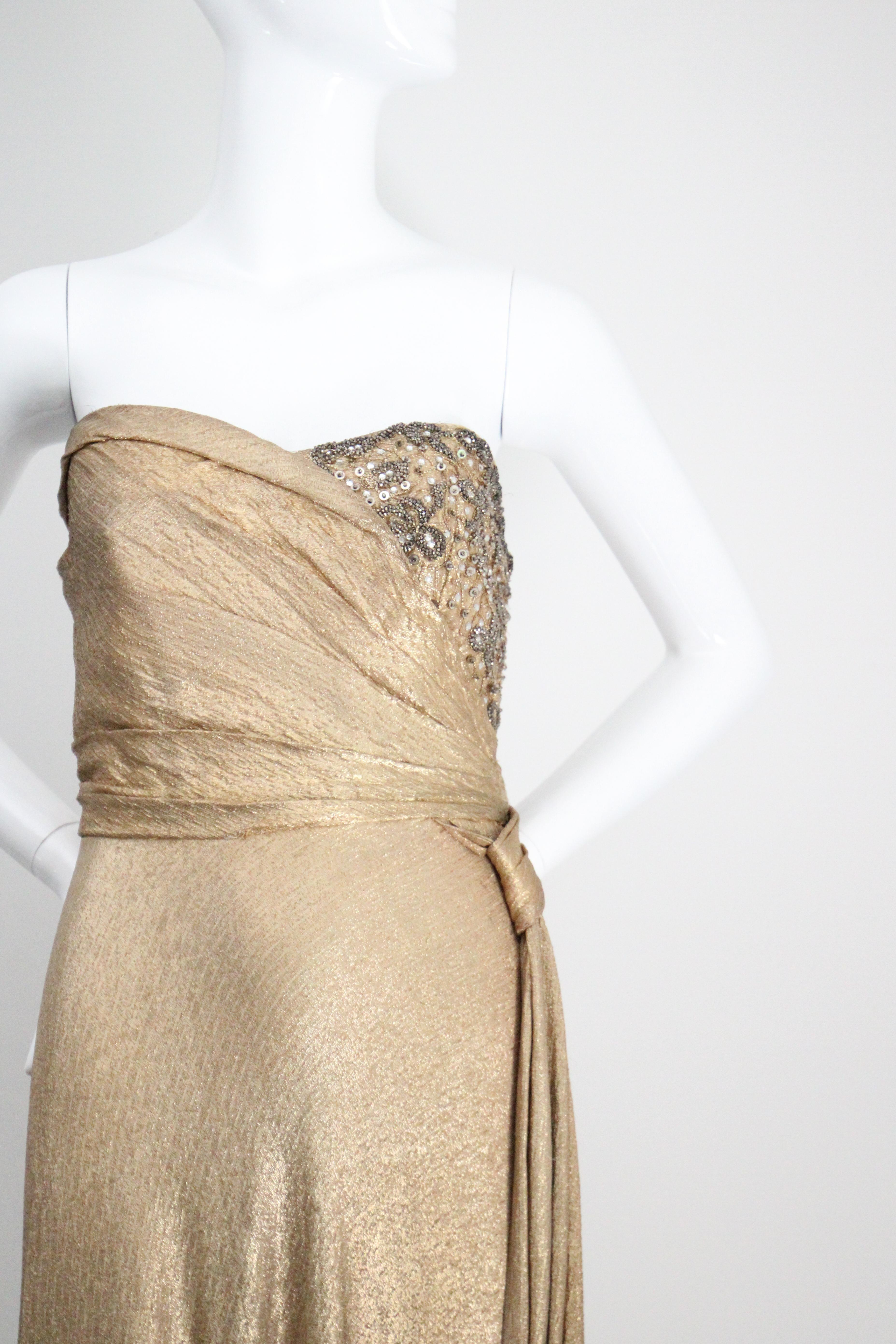 Vintage 1930s Gold Silk Lamé Strapless Gown & Beadwork Gown UK 10 US 6 For Sale 5