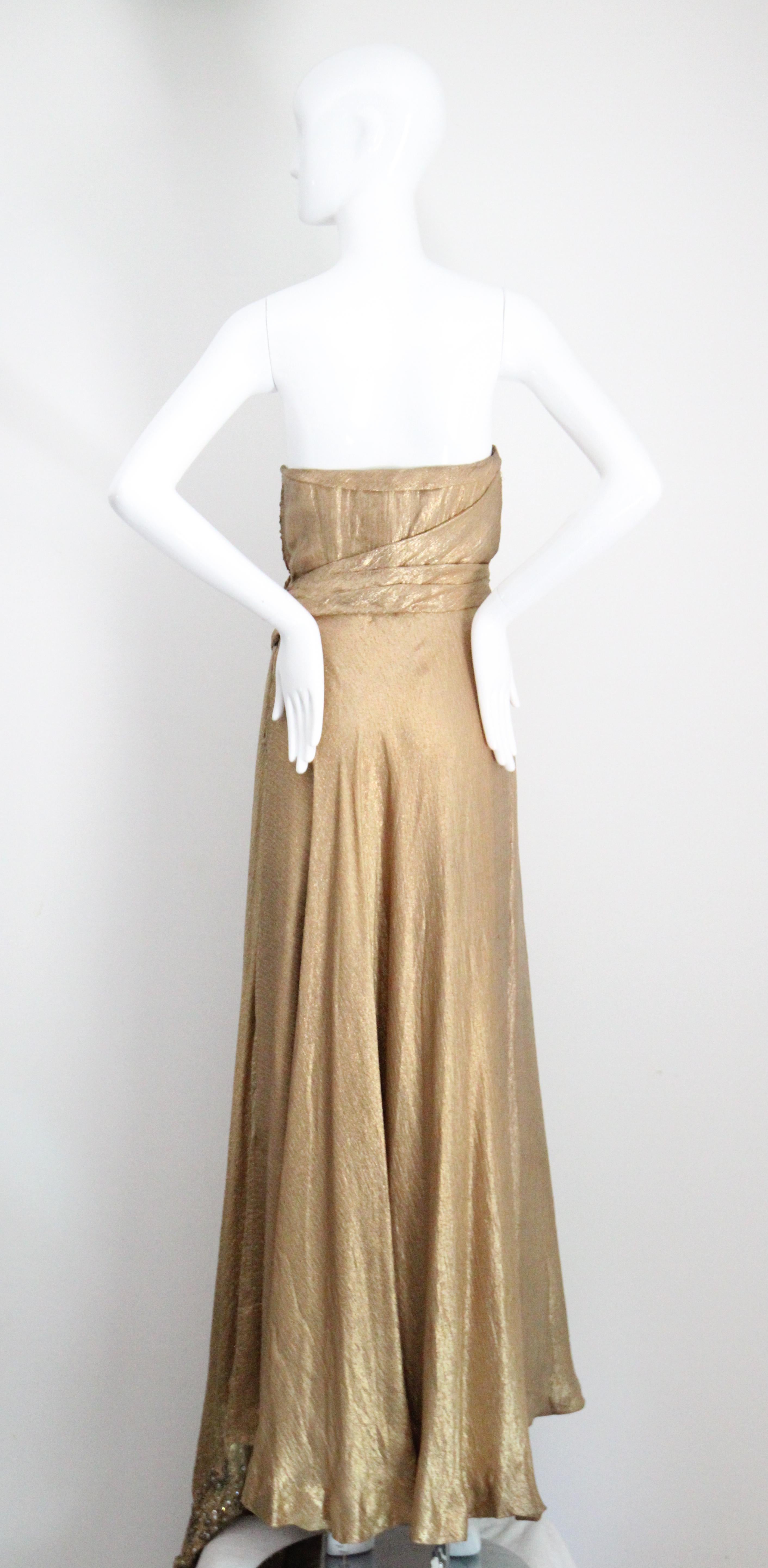 Vintage 1930s Gold Silk Lamé Strapless Gown & Beadwork Gown UK 10 US 6 For Sale 7