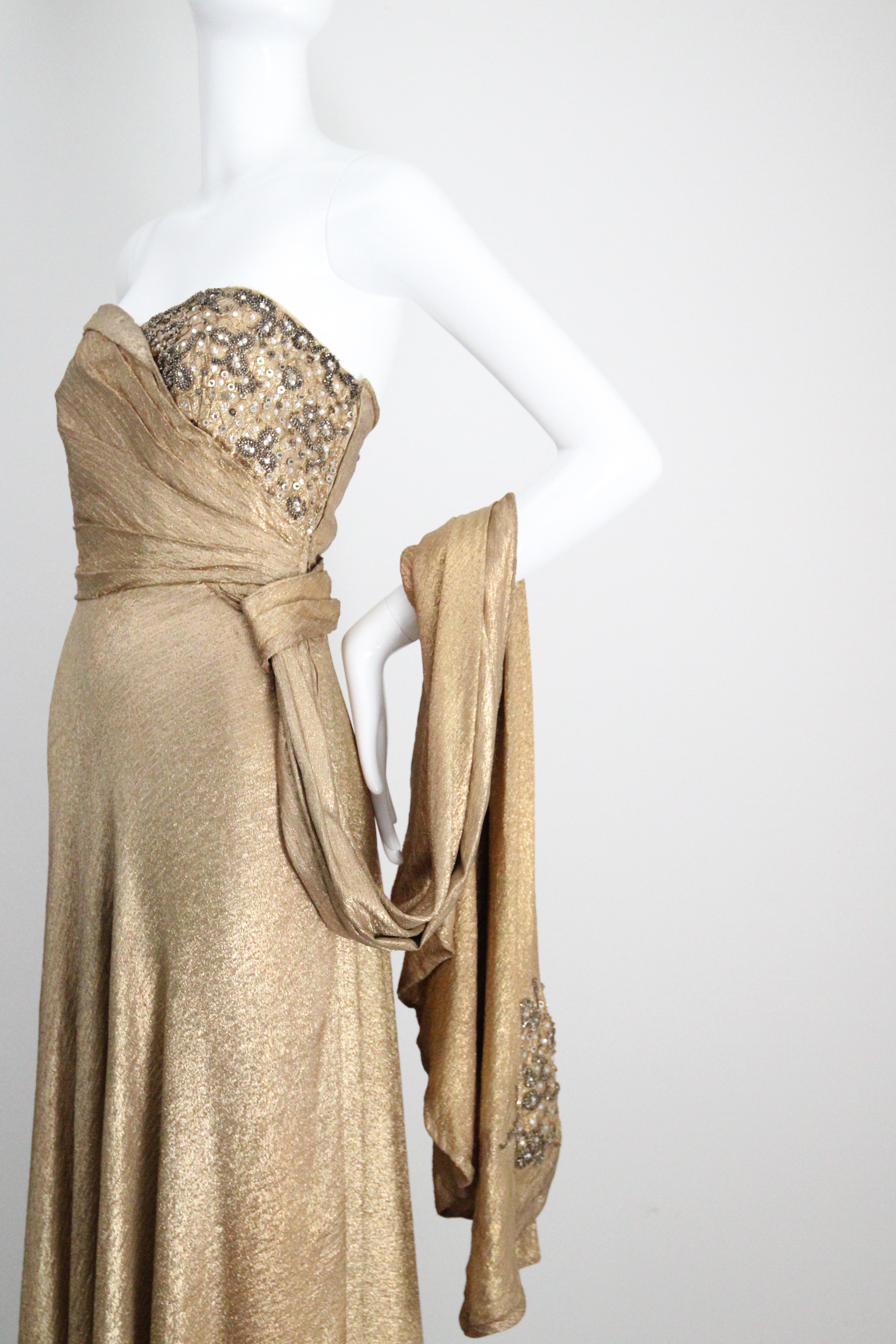 Brown Vintage 1930s Gold Silk Lamé Strapless Gown & Beadwork Gown UK 10 US 6 For Sale