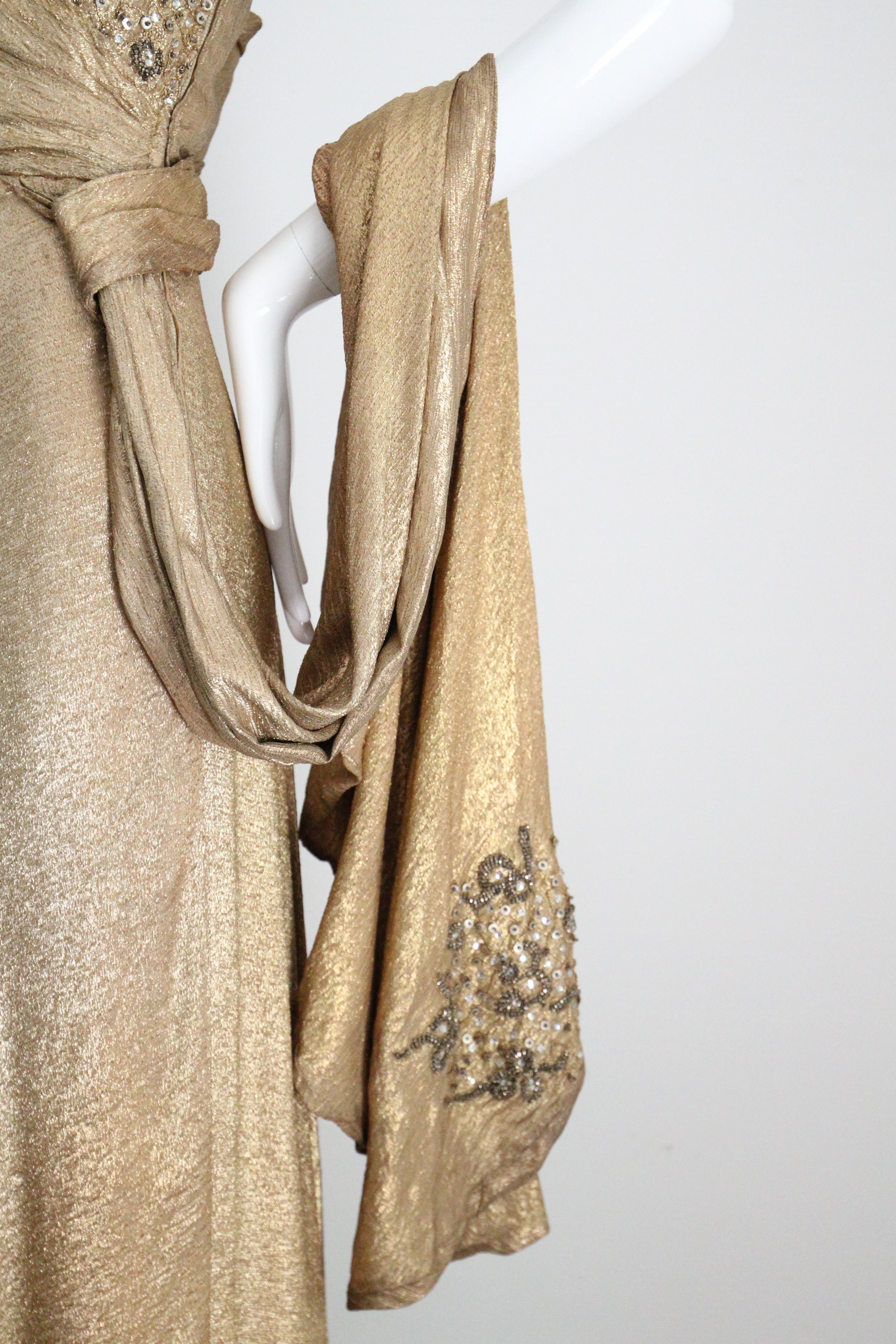 Vintage 1930s Gold Silk Lamé Strapless Gown & Beadwork Gown UK 10 US 6 In Good Condition For Sale In Cheltenham, GB