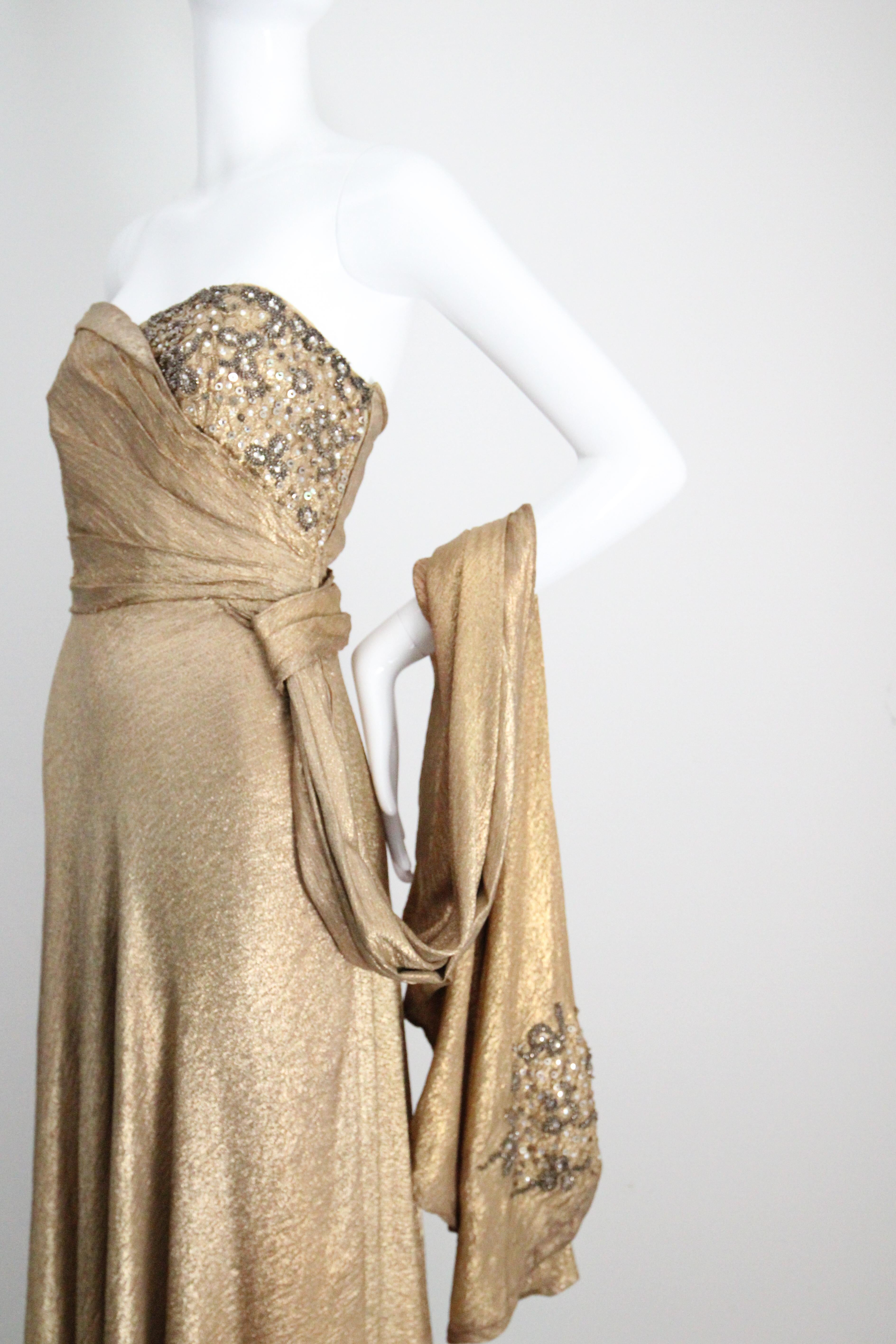 Women's Vintage 1930s Gold Silk Lamé Strapless Gown & Beadwork Gown UK 10 US 6 For Sale