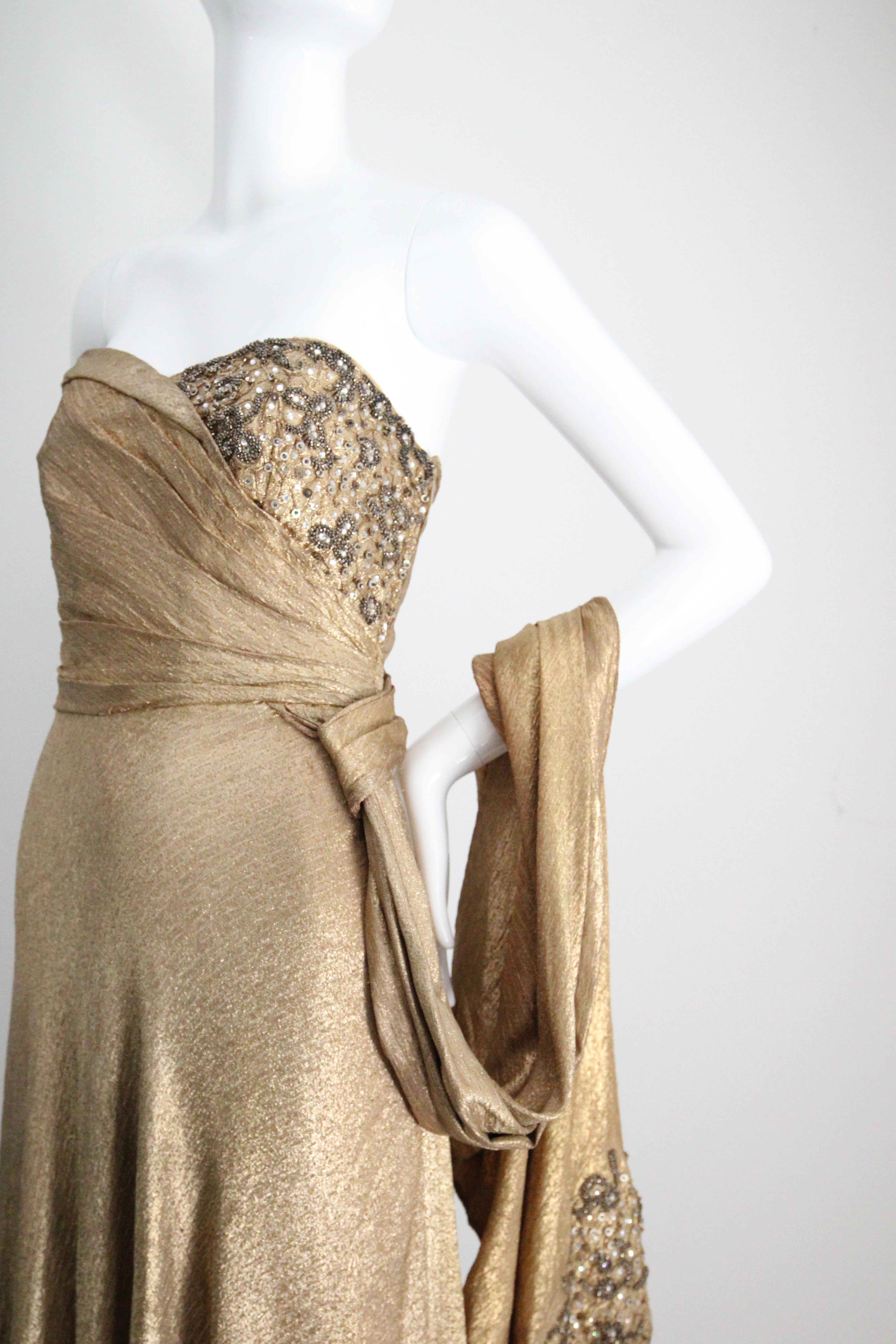 Vintage 1930s Gold Silk Lamé Strapless Gown & Beadwork Gown UK 10 US 6 For Sale 1
