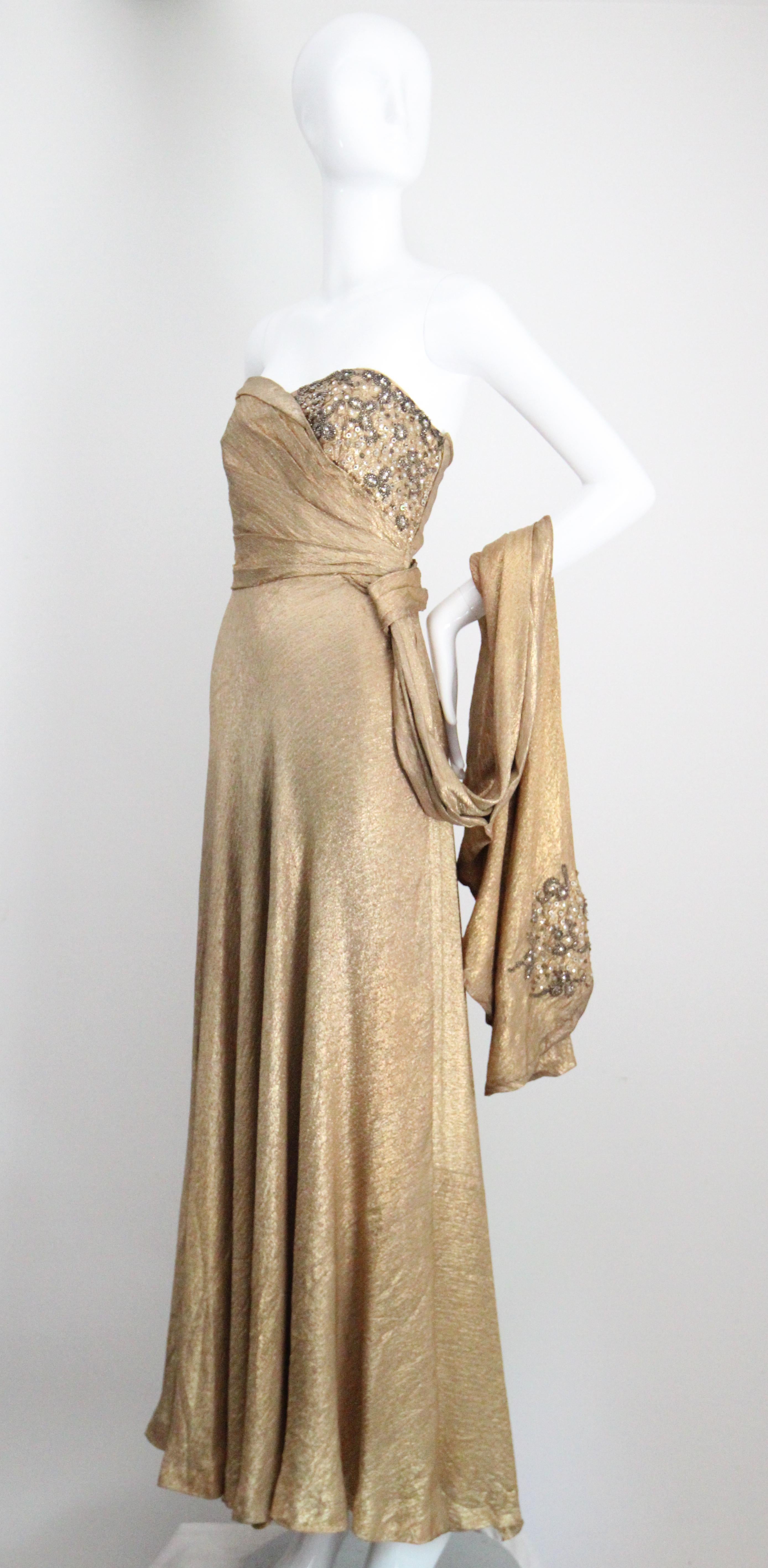 Vintage 1930s Gold Silk Lamé Strapless Gown & Beadwork Gown UK 10 US 6 For Sale 2
