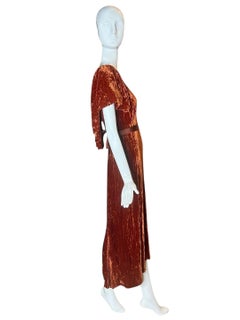 Vintage 1930s Grecian Inspired Crushed Velvet Evening Dress Burnt Orange - Sz 4