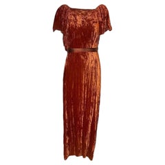 Vintage 1930s Grecian Inspired Crushed Velvet Evening Dress Burnt Orange - Sz 4