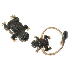 Vintage 1930's Green Bakelite Frog Brooch and Matching Bracelet Set Art Deco