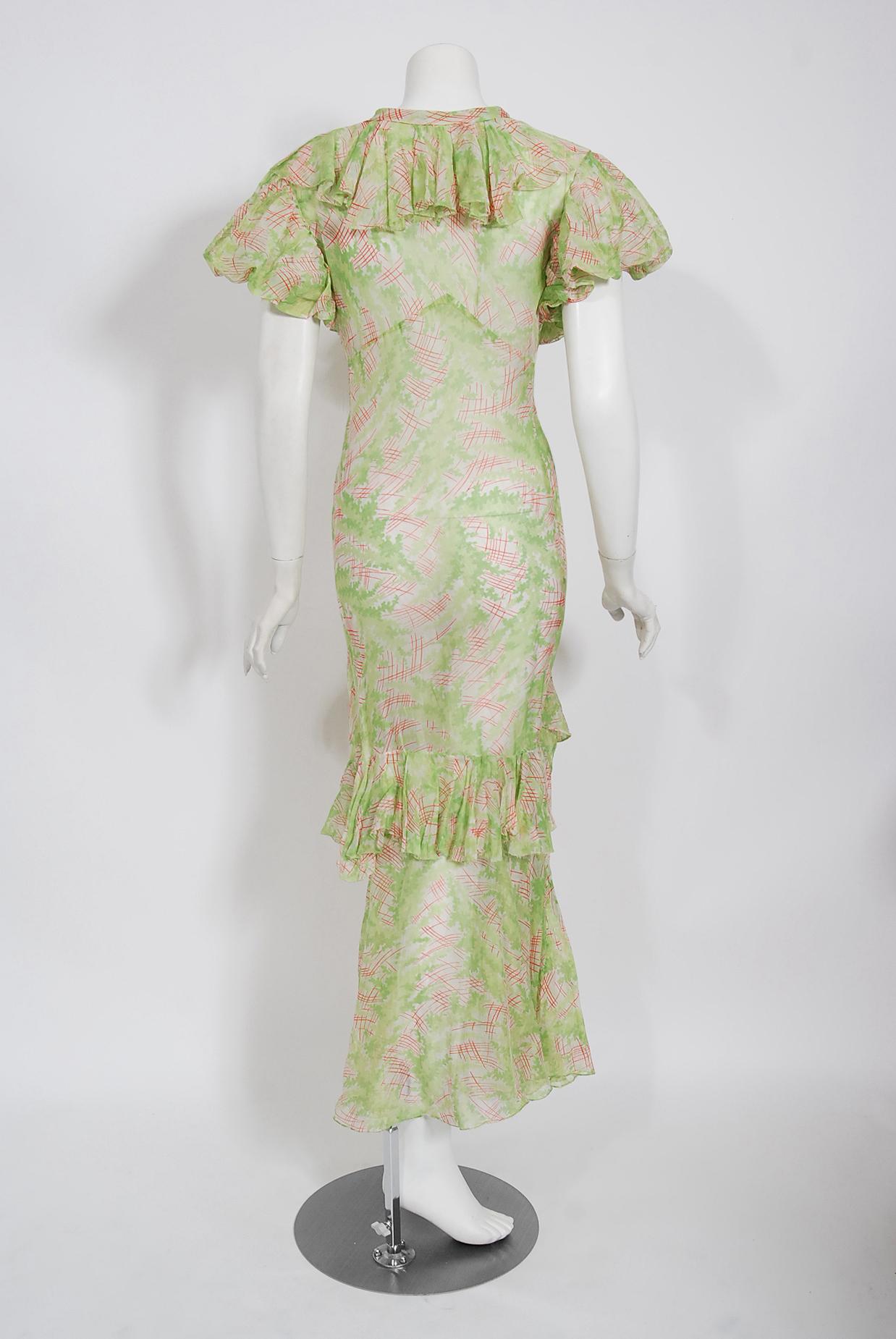 Vintage 1930's Green Pink Abstract Watercolor Sheer Organdy Ruffle Bias-Cut Gown 5