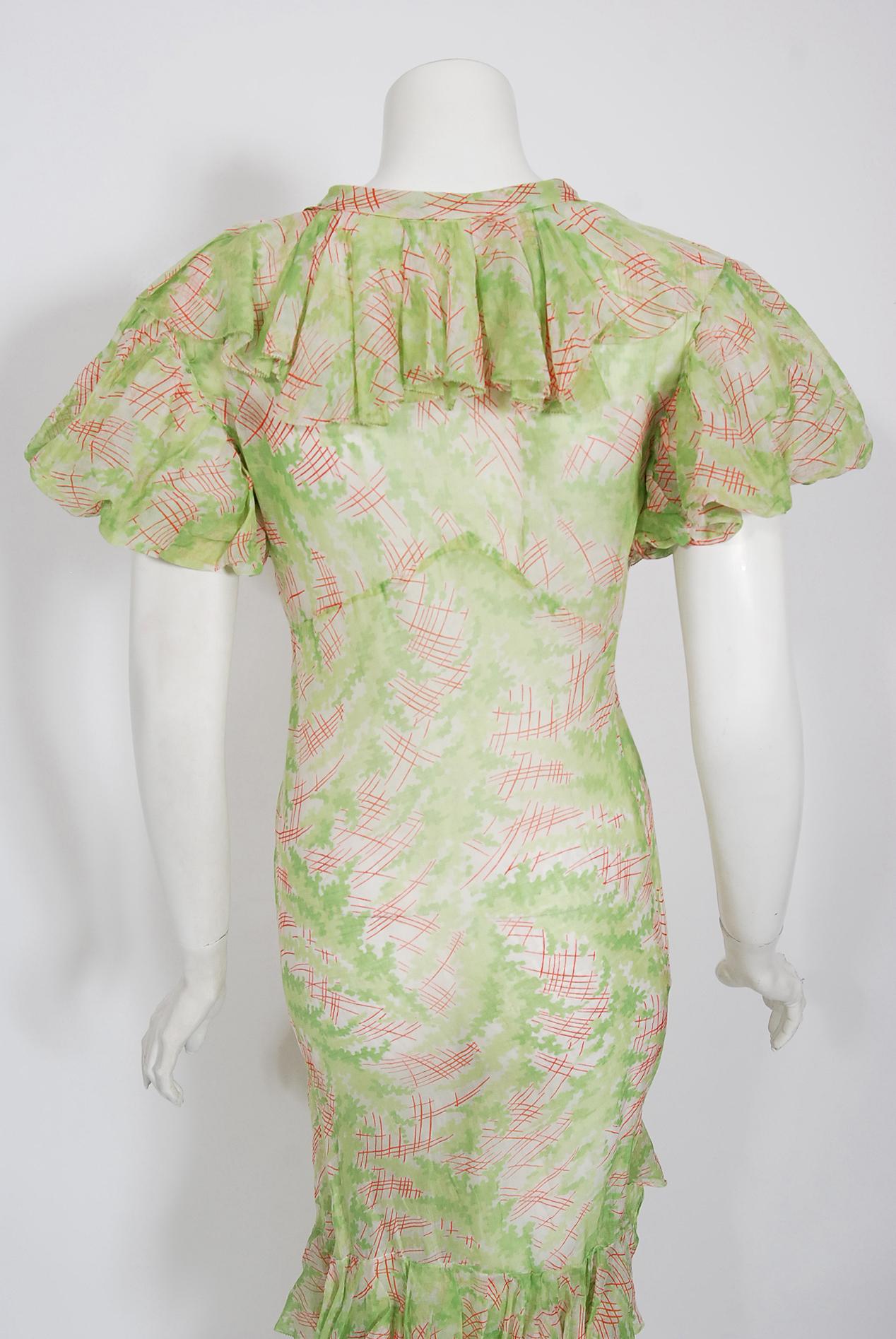 Vintage 1930's Green Pink Abstract Watercolor Sheer Organdy Ruffle Bias-Cut Gown 6