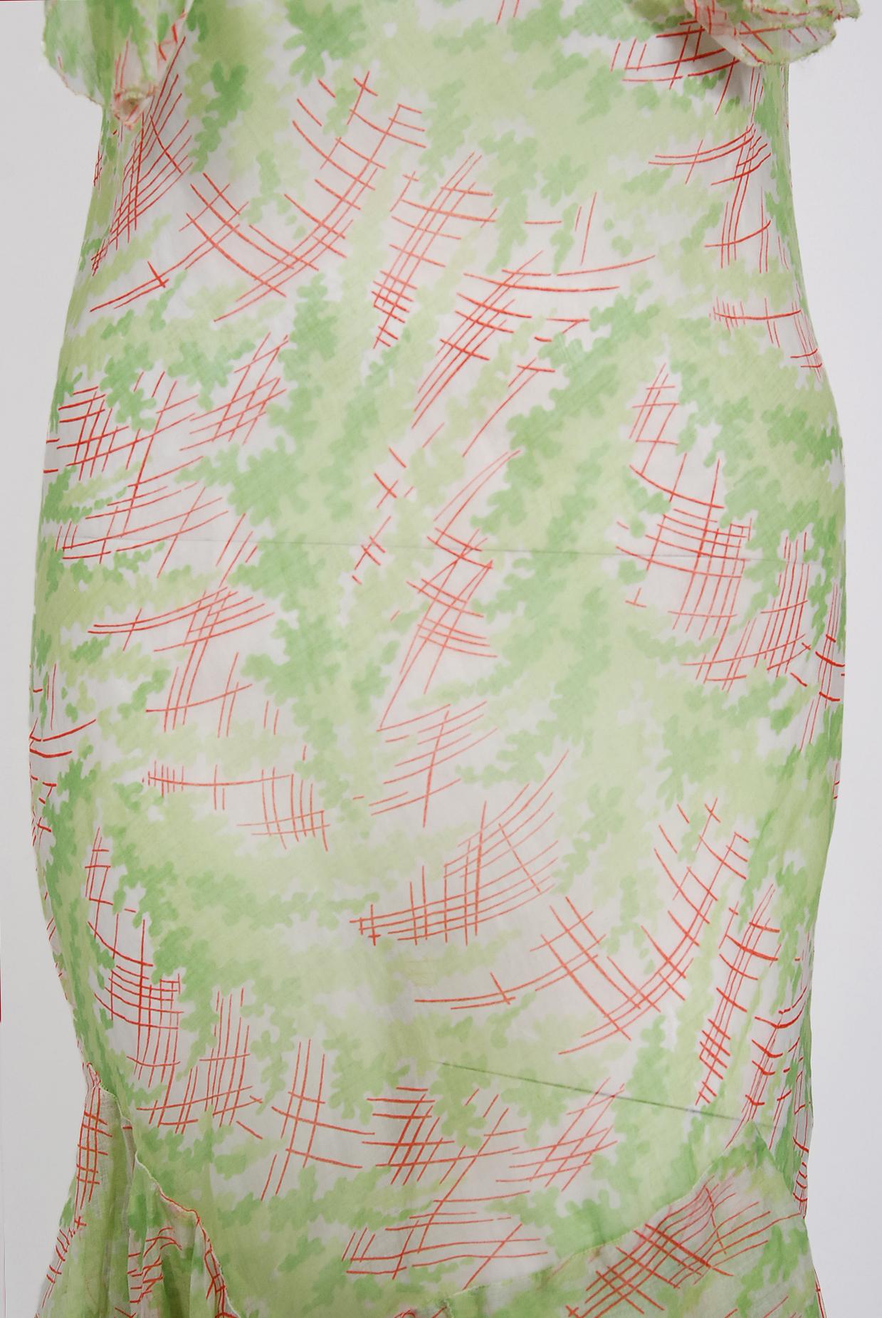 Beige Vintage 1930's Green Pink Abstract Watercolor Sheer Organdy Ruffle Bias-Cut Gown