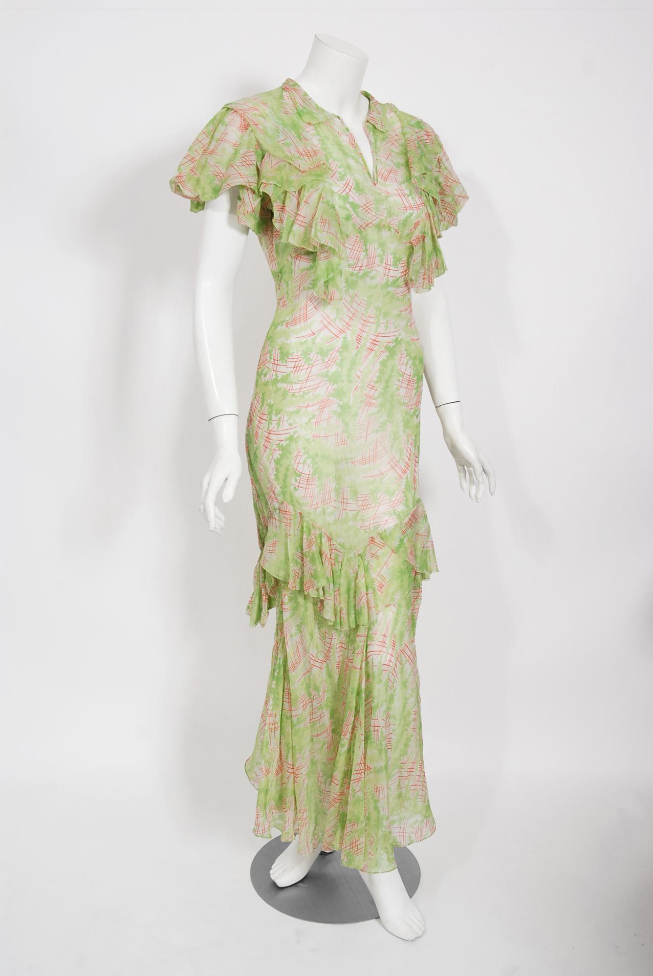 Vintage 1930's Green Pink Abstract Watercolor Sheer Organdy Ruffle Bias-Cut Gown In Good Condition In Beverly Hills, CA