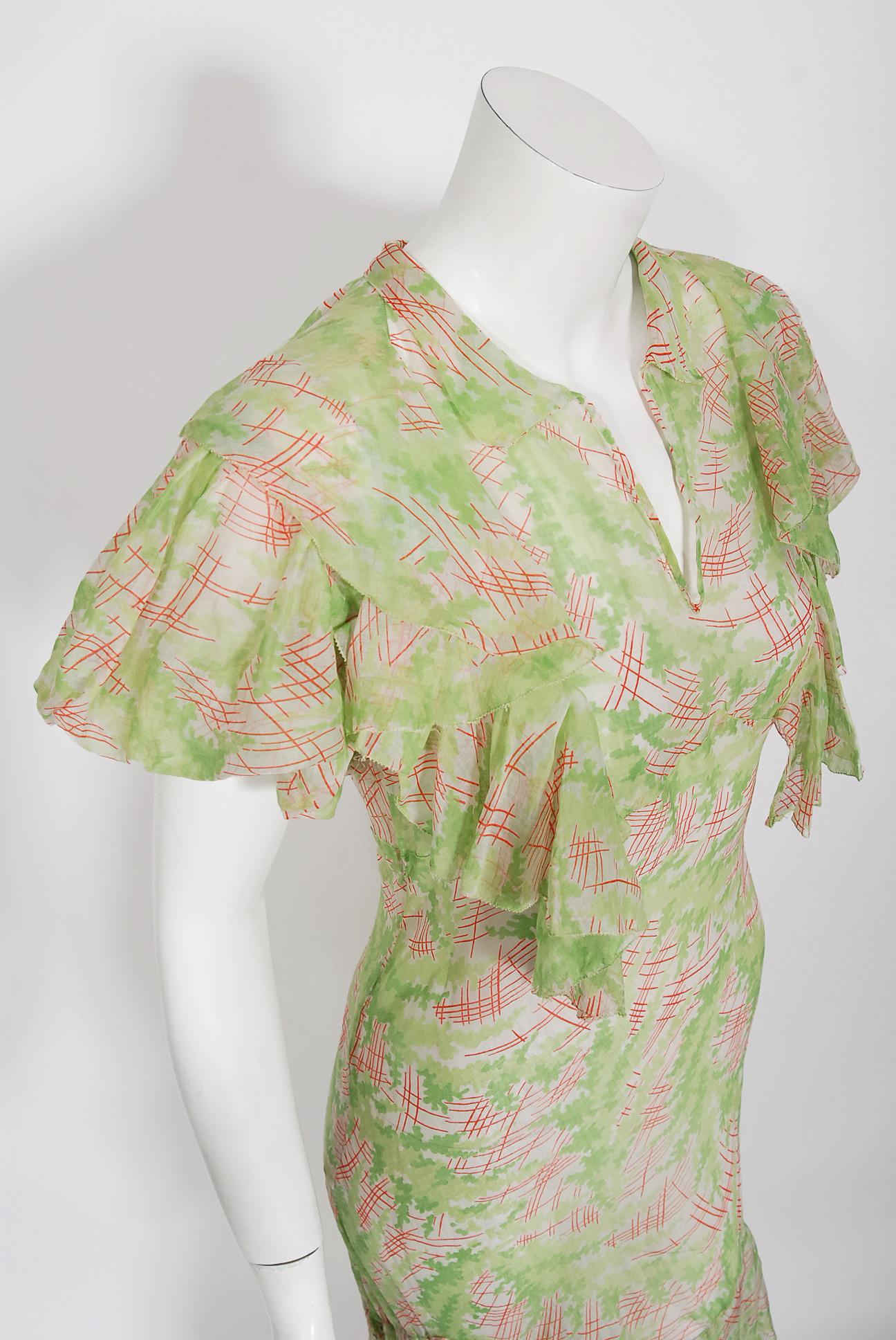 Women's Vintage 1930's Green Pink Abstract Watercolor Sheer Organdy Ruffle Bias-Cut Gown