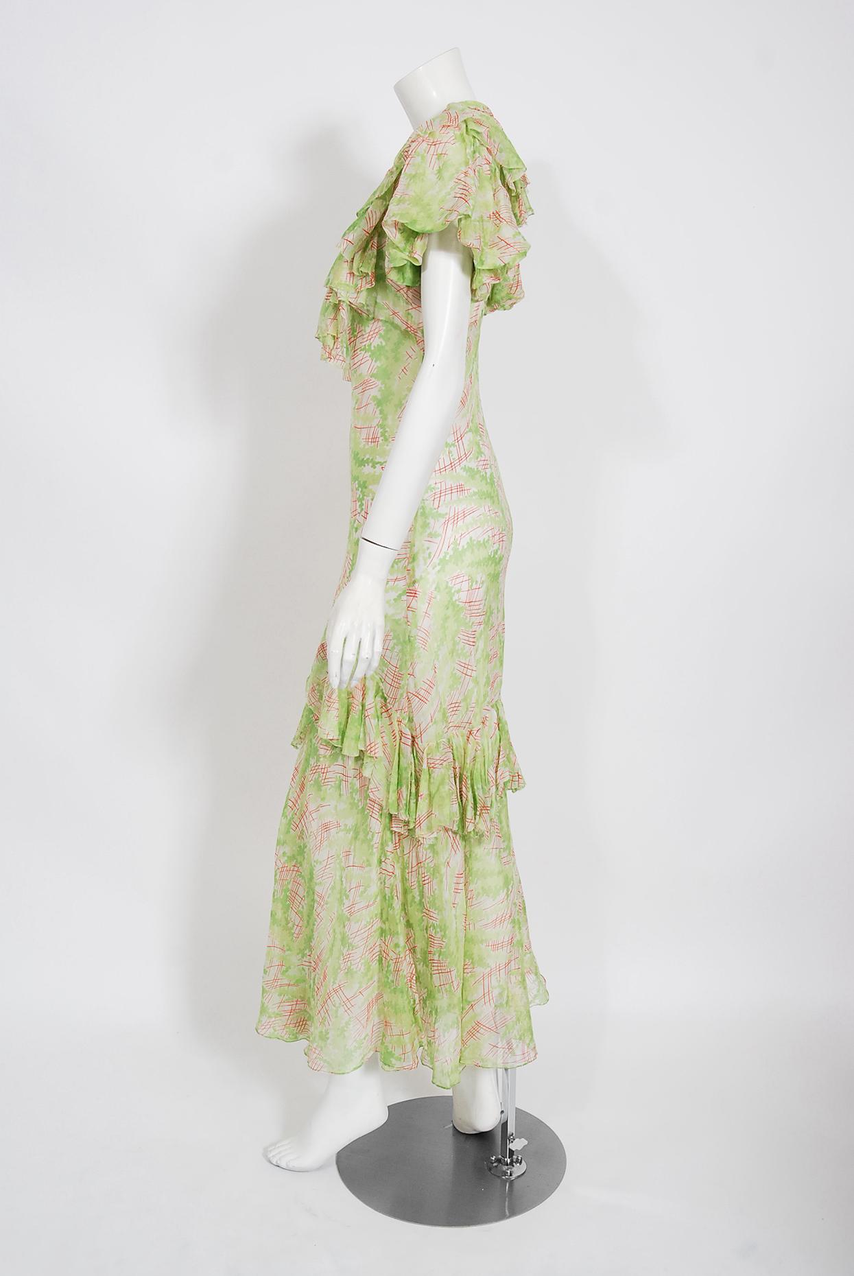 Vintage 1930's Green Pink Abstract Watercolor Sheer Organdy Ruffle Bias-Cut Gown 3