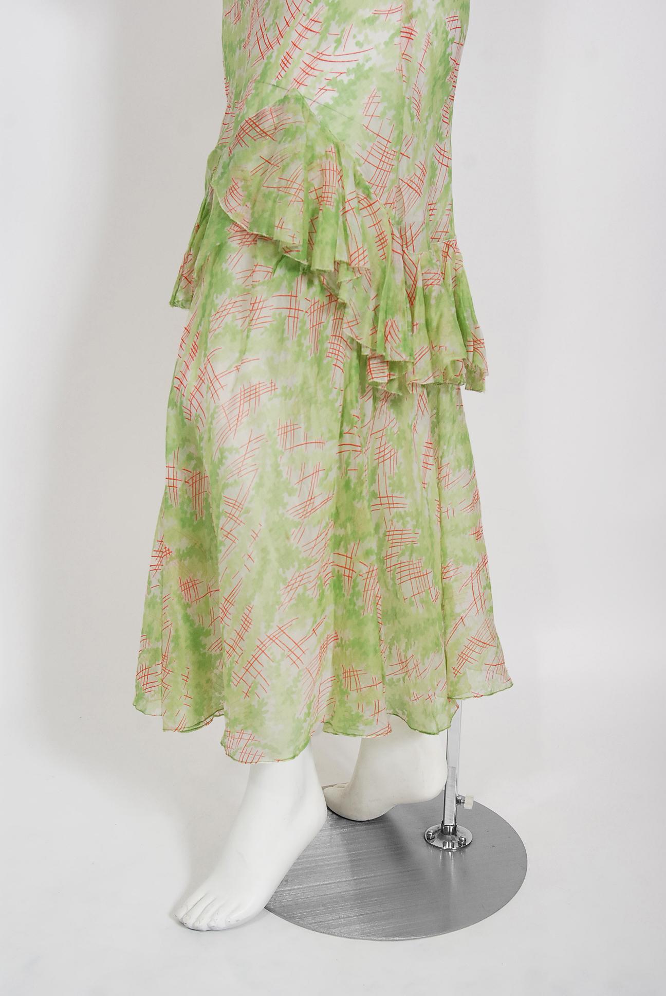 Vintage 1930's Green Pink Abstract Watercolor Sheer Organdy Ruffle Bias-Cut Gown 4